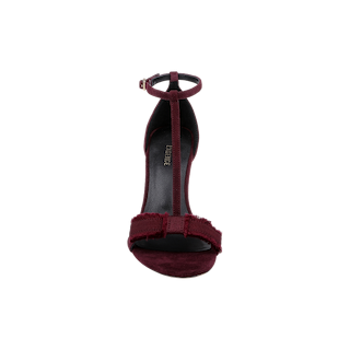 Front view of the Lerner Sandal in burgundy—a T-strap stiletto heel featuring an ankle strap and a fabric bow accent on the suede upper toe strap.
