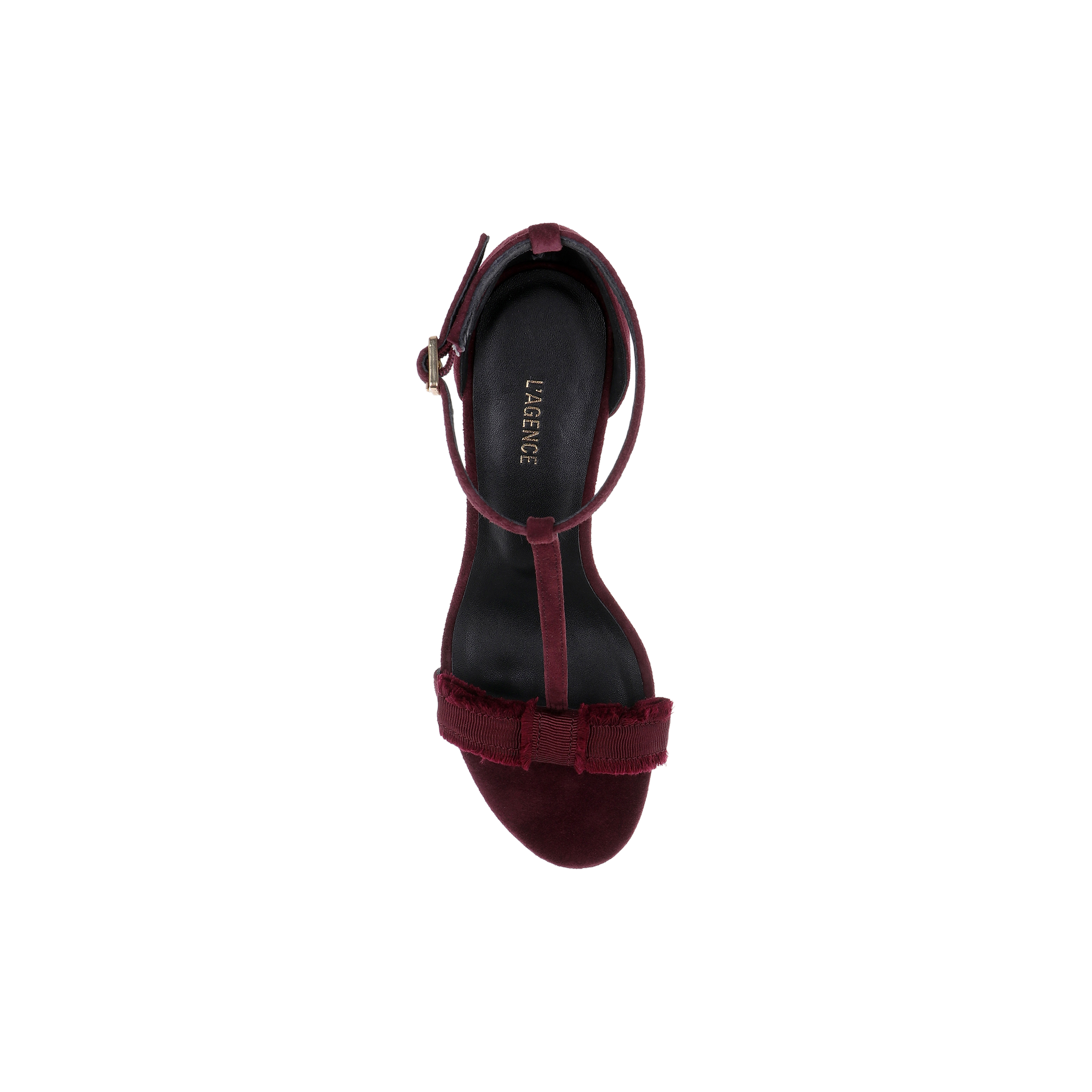 Top view of a single Lerner Sandal in burgundy, featuring a suede upper, ankle strap, and bow detail on the toe, displayed on a plain white background.