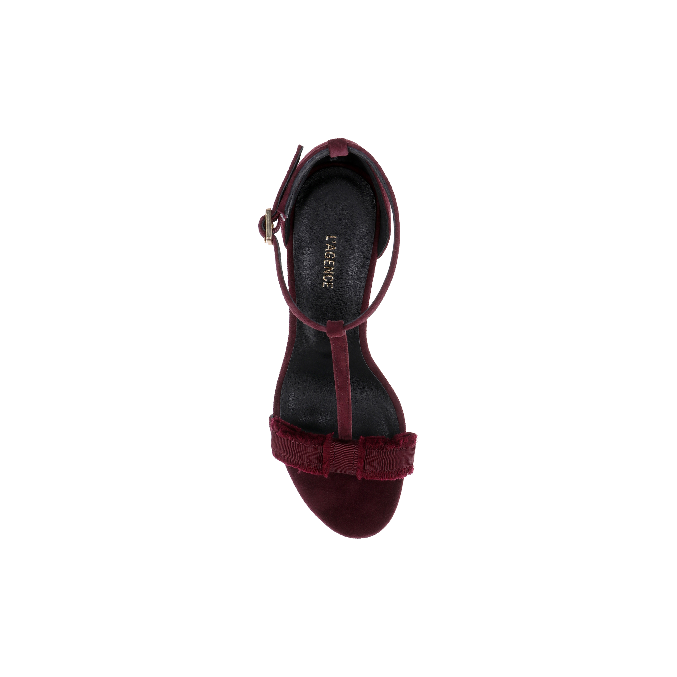 Top view of a single Lerner Sandal in burgundy, featuring a suede upper, ankle strap, and bow detail on the toe, displayed on a plain white background.
