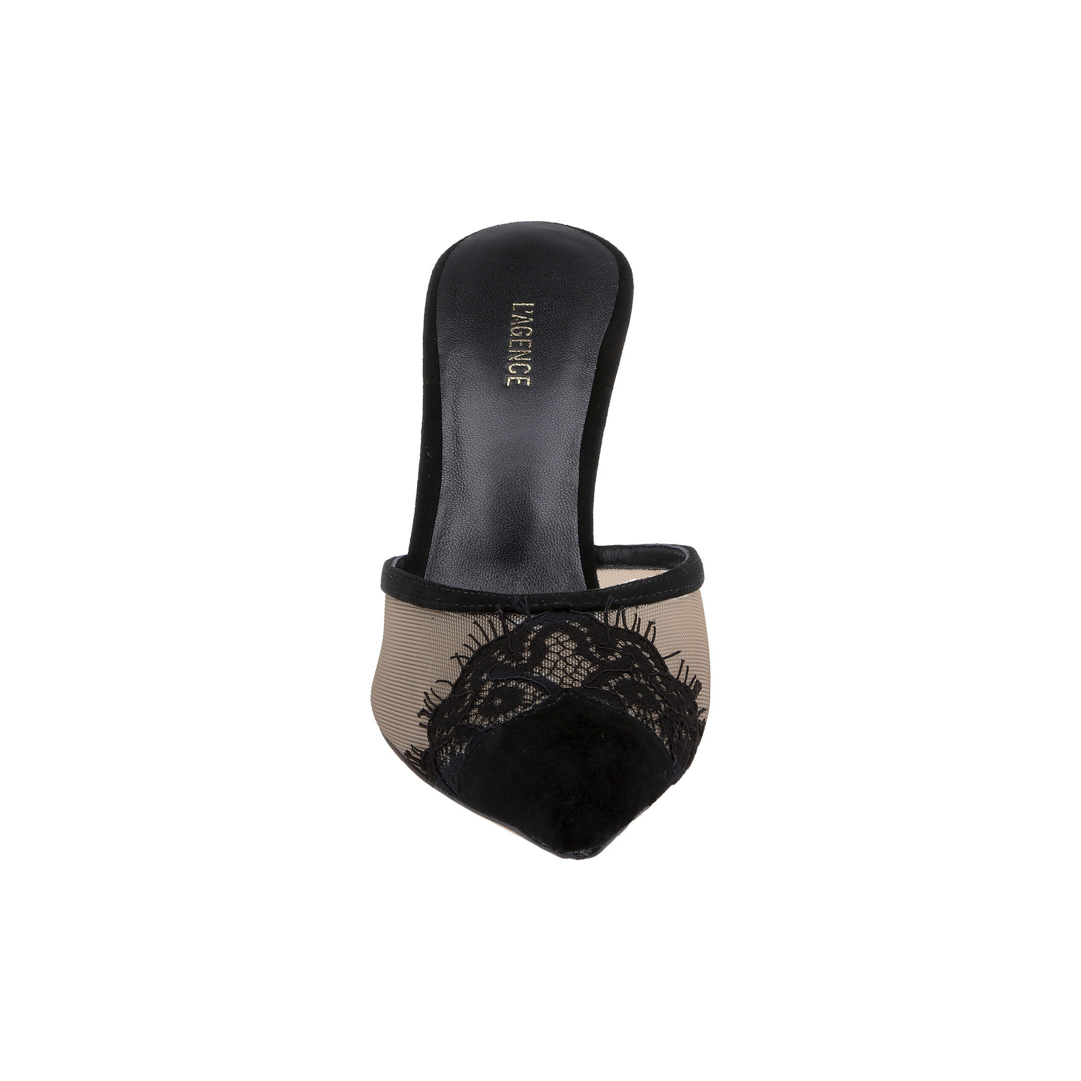 The Semois Mule is a single lace-capped mule with a pointed toe, showcasing a black lace upper, beige mesh sides, and a black insole embellished with the word MAGGIE in gold lettering. It is displayed against a plain white background.