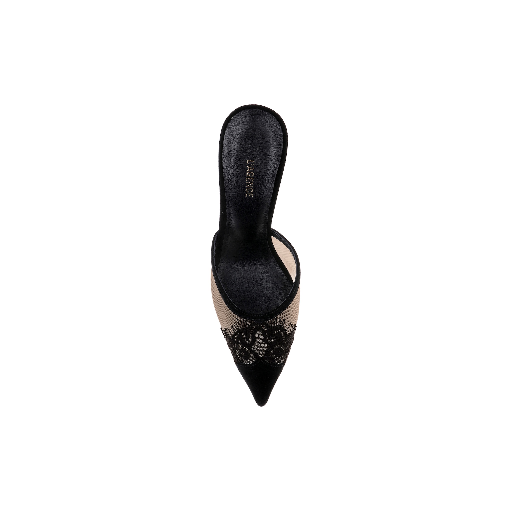 The Semois Mule is a pointed-toe design with a black insole, beige sides, and intricate black lace detailing across the front, shown from an overhead perspective on a white background.
