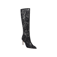 The Chambers Boot, featuring a black lace design with a pointed toe and stiletto heel, is covered in a sheer floral pattern and displayed on a plain white background.