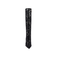 The Chambers Boot is a single knee-high black lace boot featuring a stiletto heel and a pointed toe, displayed from the front against a plain white background.