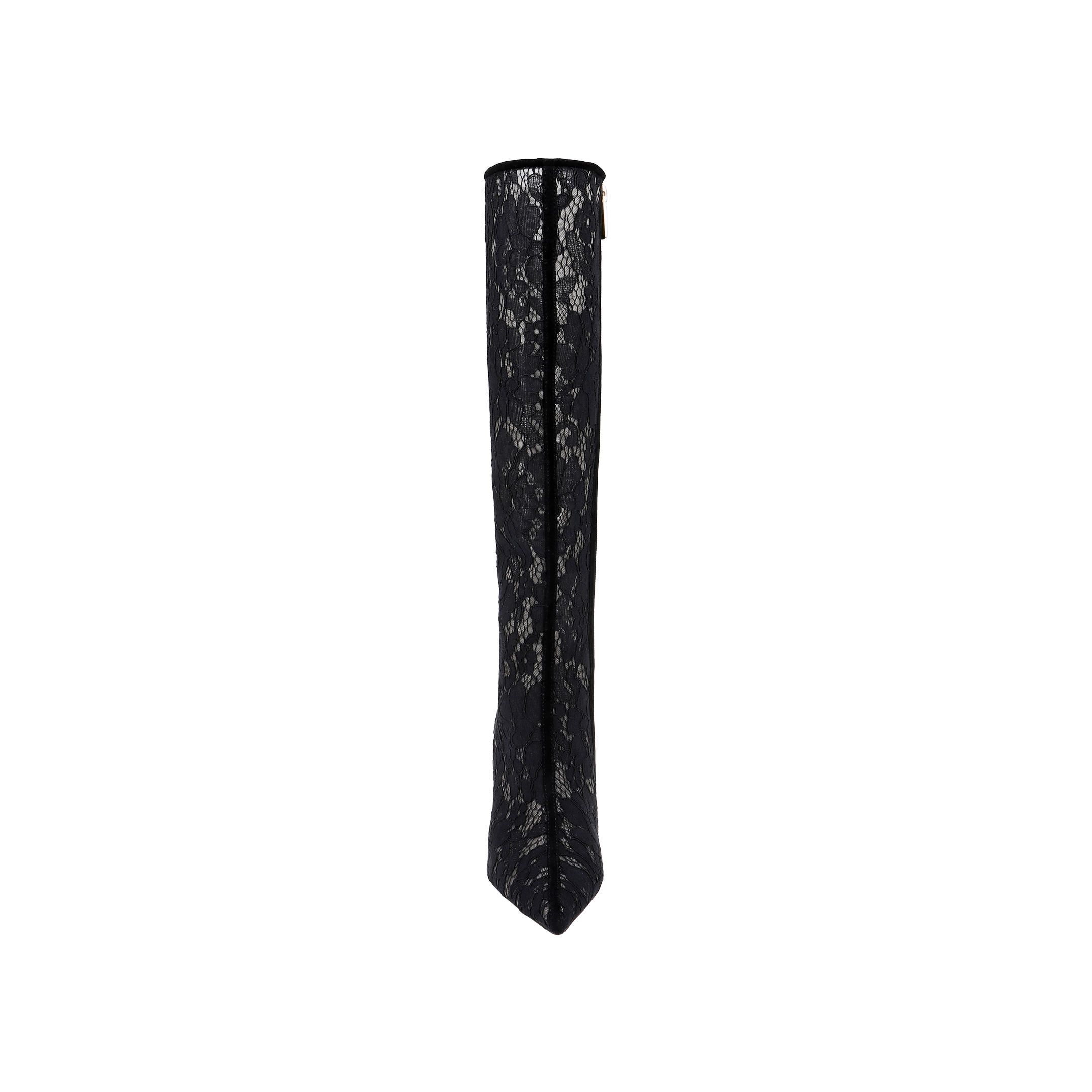 The Chambers Boot is a single knee-high black lace boot featuring a stiletto heel and a pointed toe, displayed from the front against a plain white background.