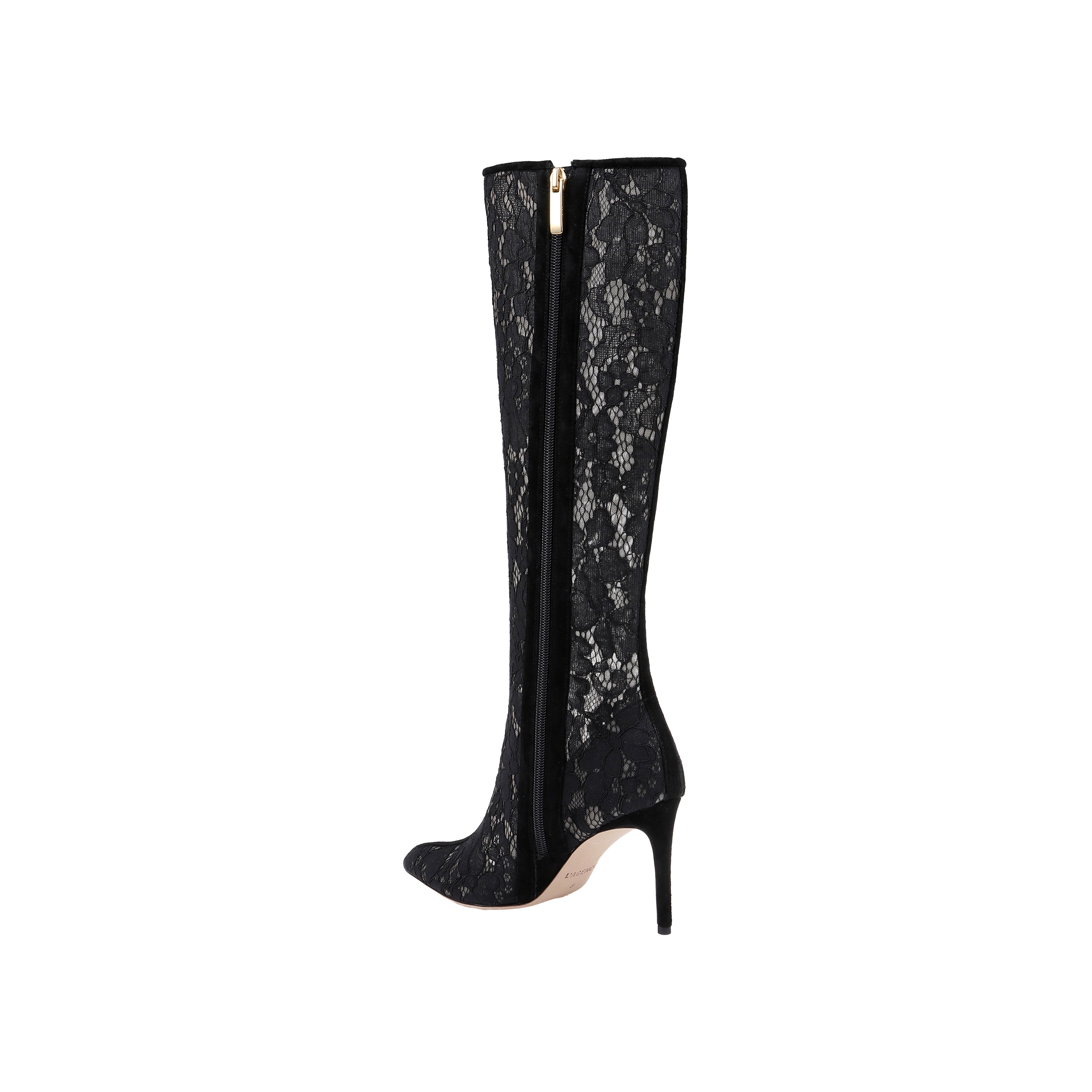 The Chambers Boot is a black knee-high stiletto heel boot with a pointed toe, elegantly covered in black lace, featuring a side zipper closure and a light-colored sole, displayed on a plain white background.