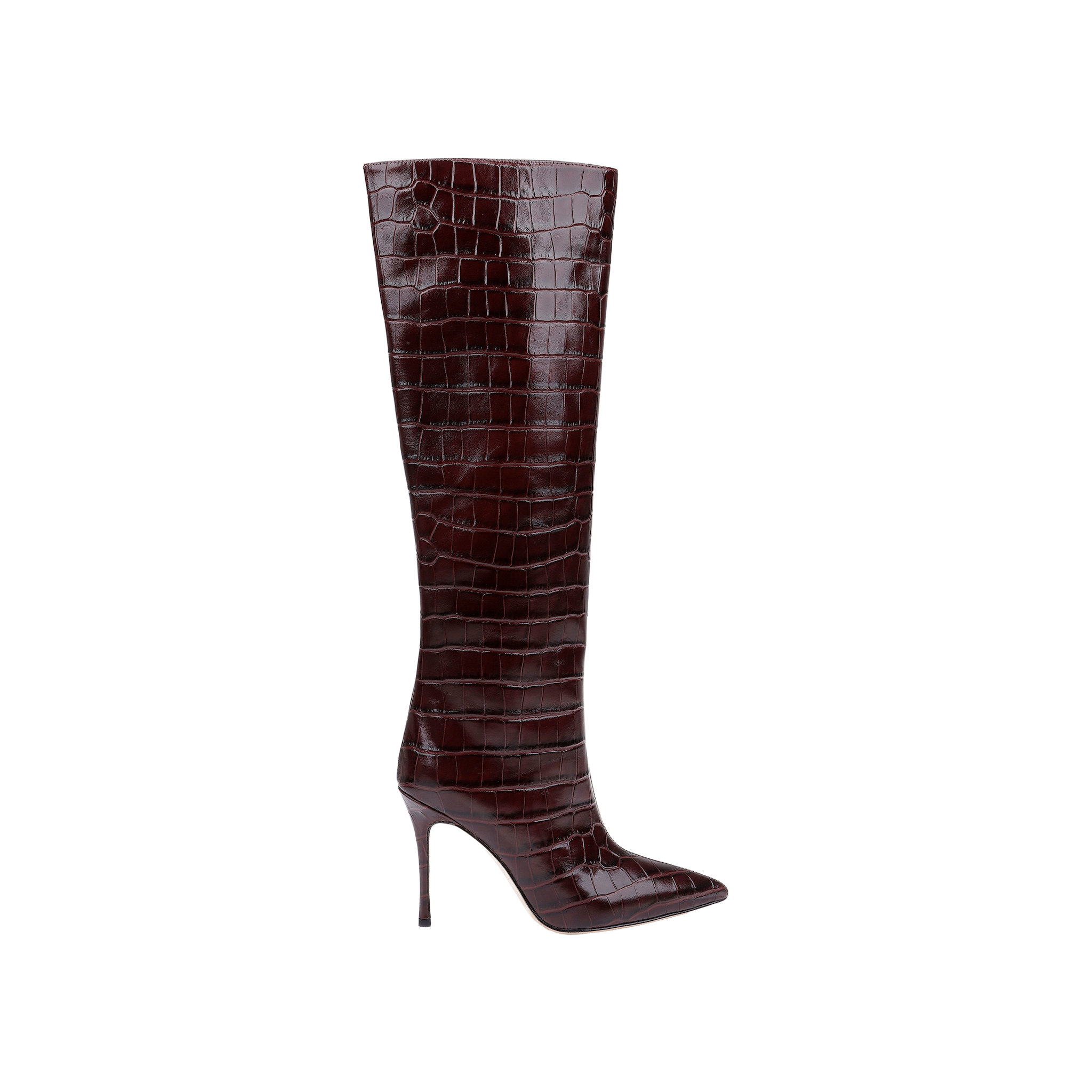 The Lafayette Boot, a single knee-high boot crafted from dark brown crocodile-embossed leather, features a pointed toe and a tall stiletto heel. Displayed in profile against a plain white background, this striking style exemplifies the sophistication of pointed toe boots and the allure of stiletto heels.