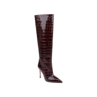 The Lafayette Boot, featuring a tall silhouette with a pointed toe and stiletto heel, is crafted from dark brown crocodile-embossed leather and displayed against a plain white background.