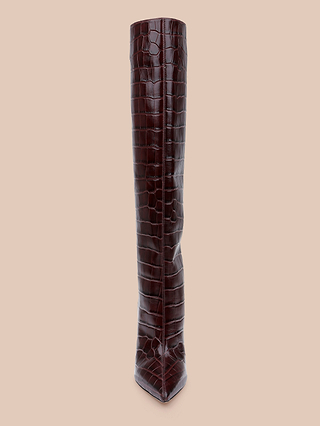 The Lafayette Boot, shown in brown crocodile-embossed leather, stands upright against a simple beige background.