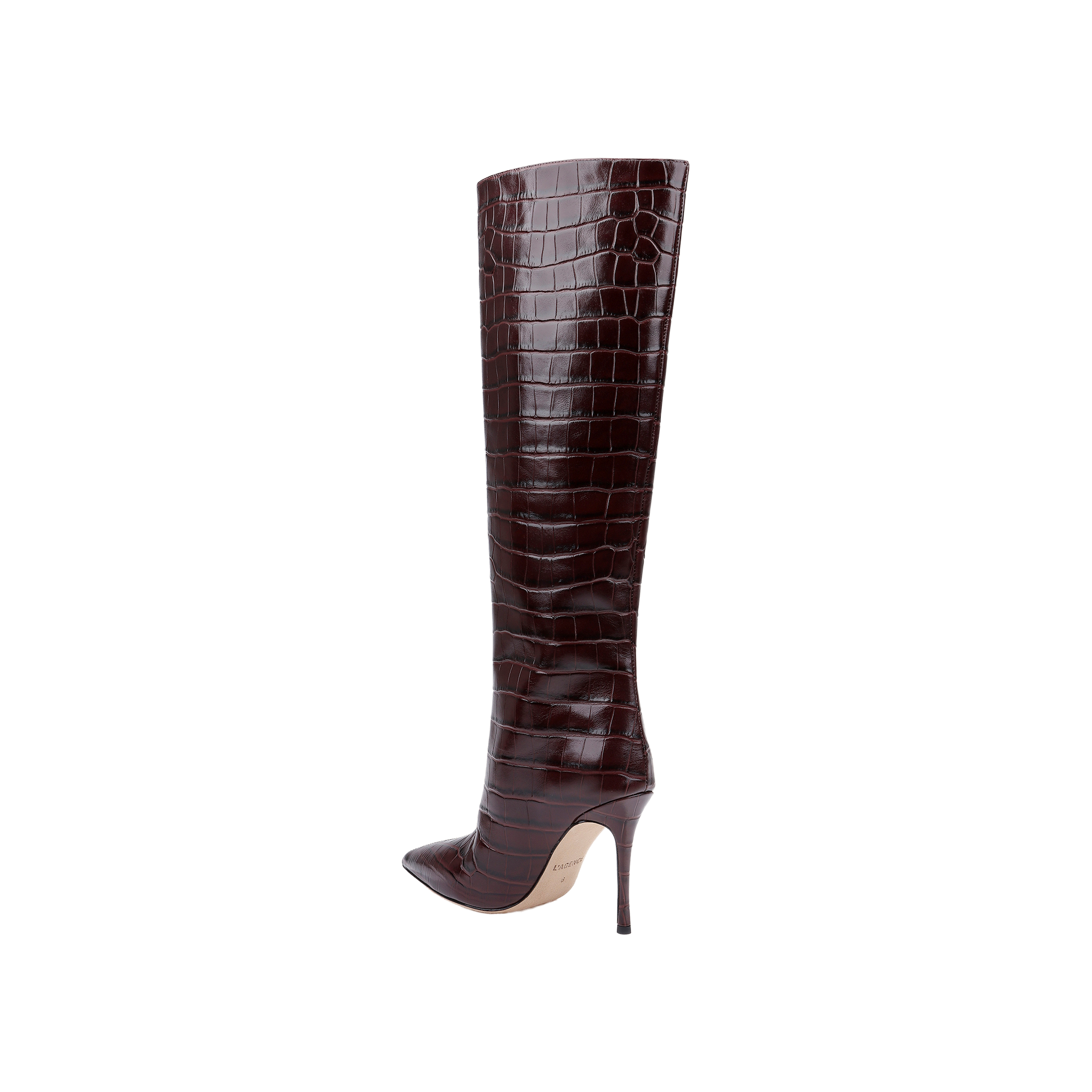 The Lafayette Boot, a tall, dark brown, crocodile-embossed leather boot with a pointed toe and stiletto heel, is displayed in side view against a plain white background.