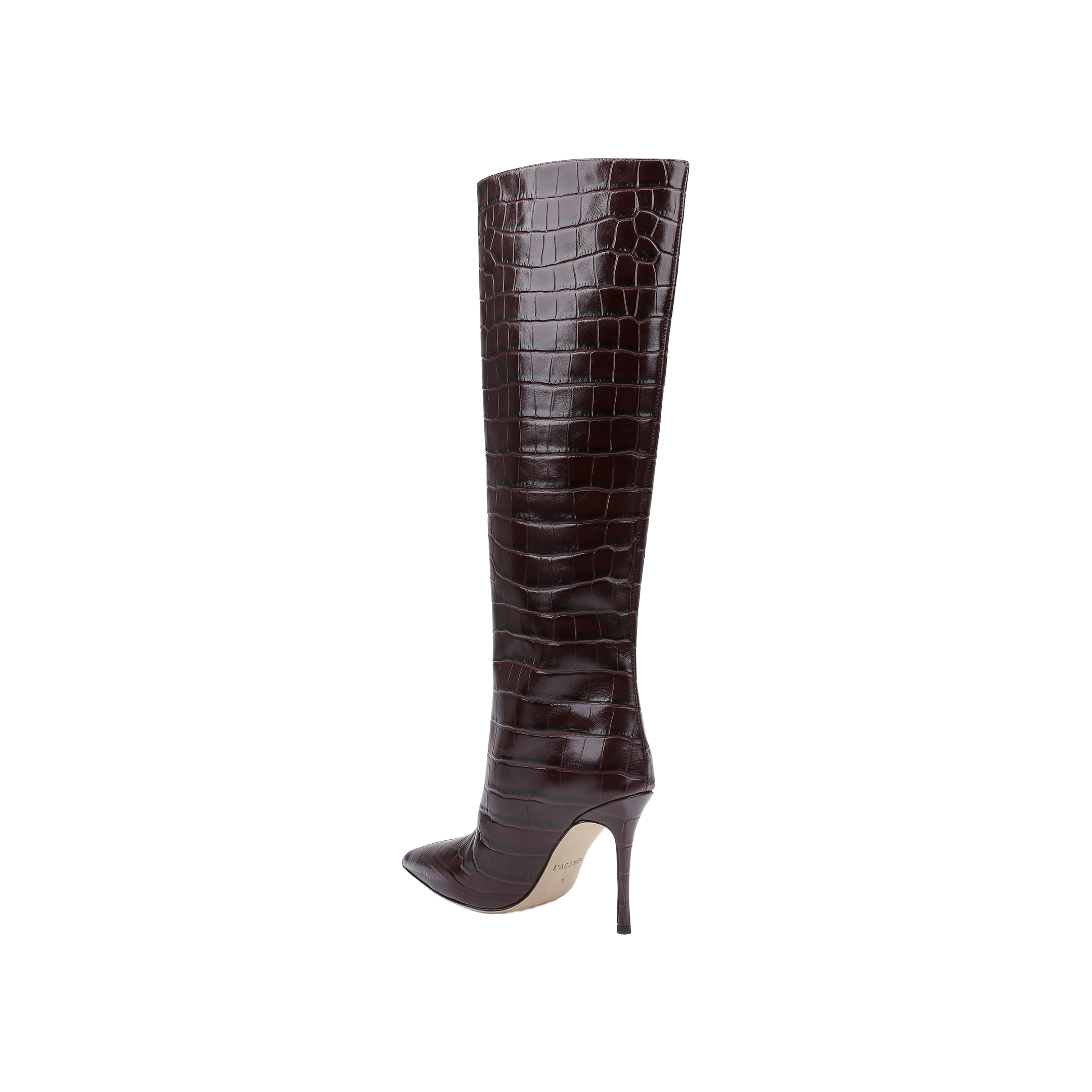 The Lafayette Boot, a tall, dark brown, crocodile-embossed leather boot with a pointed toe and stiletto heel, is displayed in side view against a plain white background.