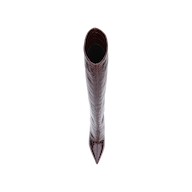 A top-down view of the Lafayette Boot, a tall, brown, crocodile-embossed leather boot with a pointed toe, set against a white background.
