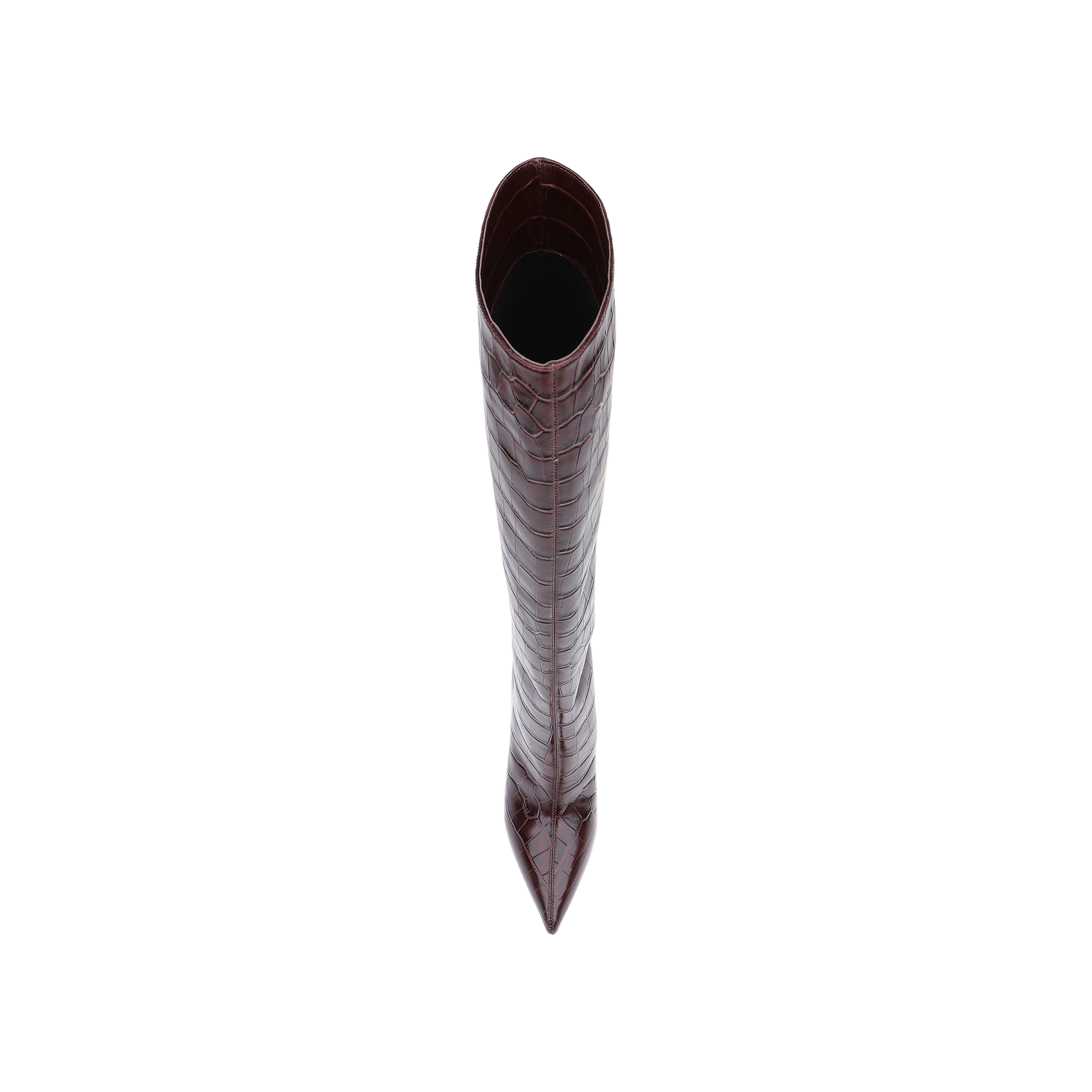 A top-down view of the Lafayette Boot, a tall, brown, crocodile-embossed leather boot with a pointed toe, set against a white background.