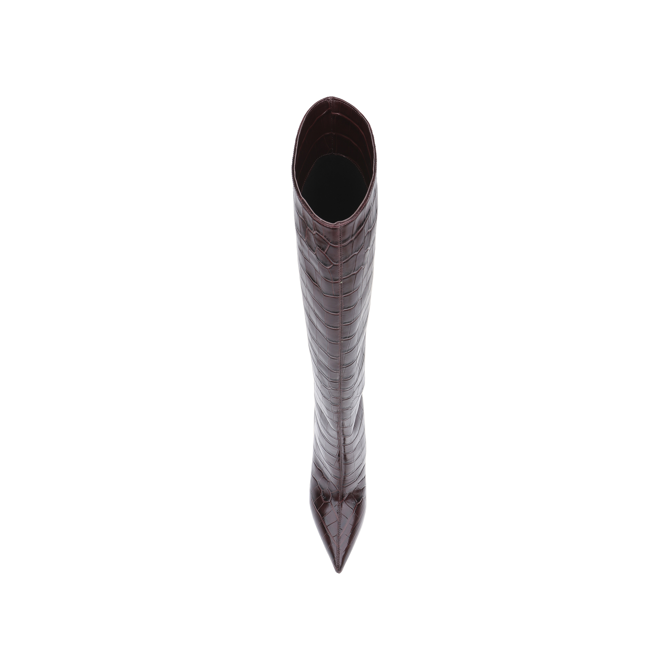 A top-down view of the Lafayette Boot, a tall, brown, crocodile-embossed leather boot with a pointed toe, set against a white background.