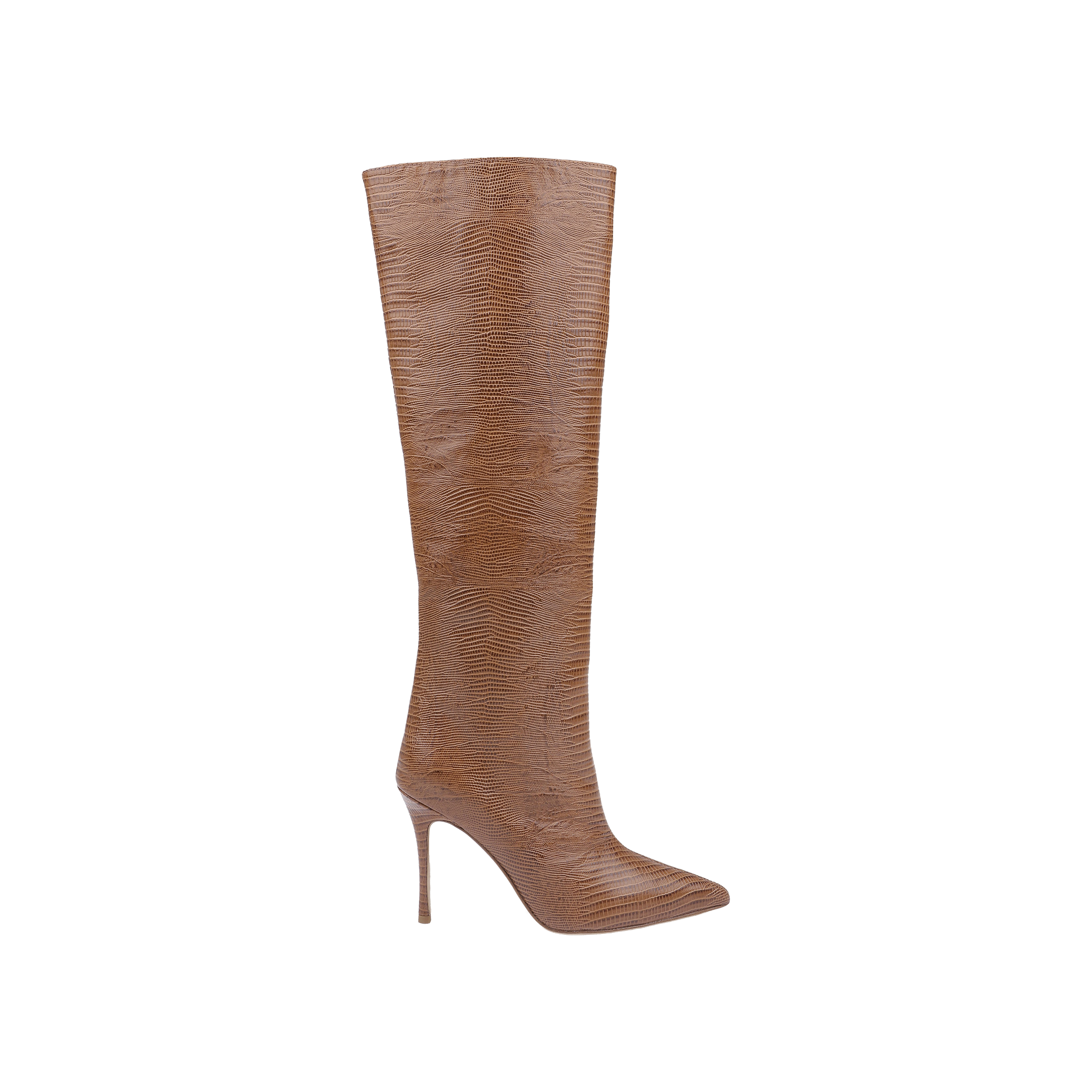 The Lafayette Boot is crafted from tan lizard-embossed leather with a pointed toe and a high stiletto heel, featuring a textured, patterned surface. It is displayed on a plain white background.