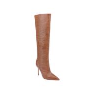 The Lafayette Boot features tan lizard-embossed leather, a pointed toe, and a high stiletto heel with a textured pattern, showcased against a white background.
