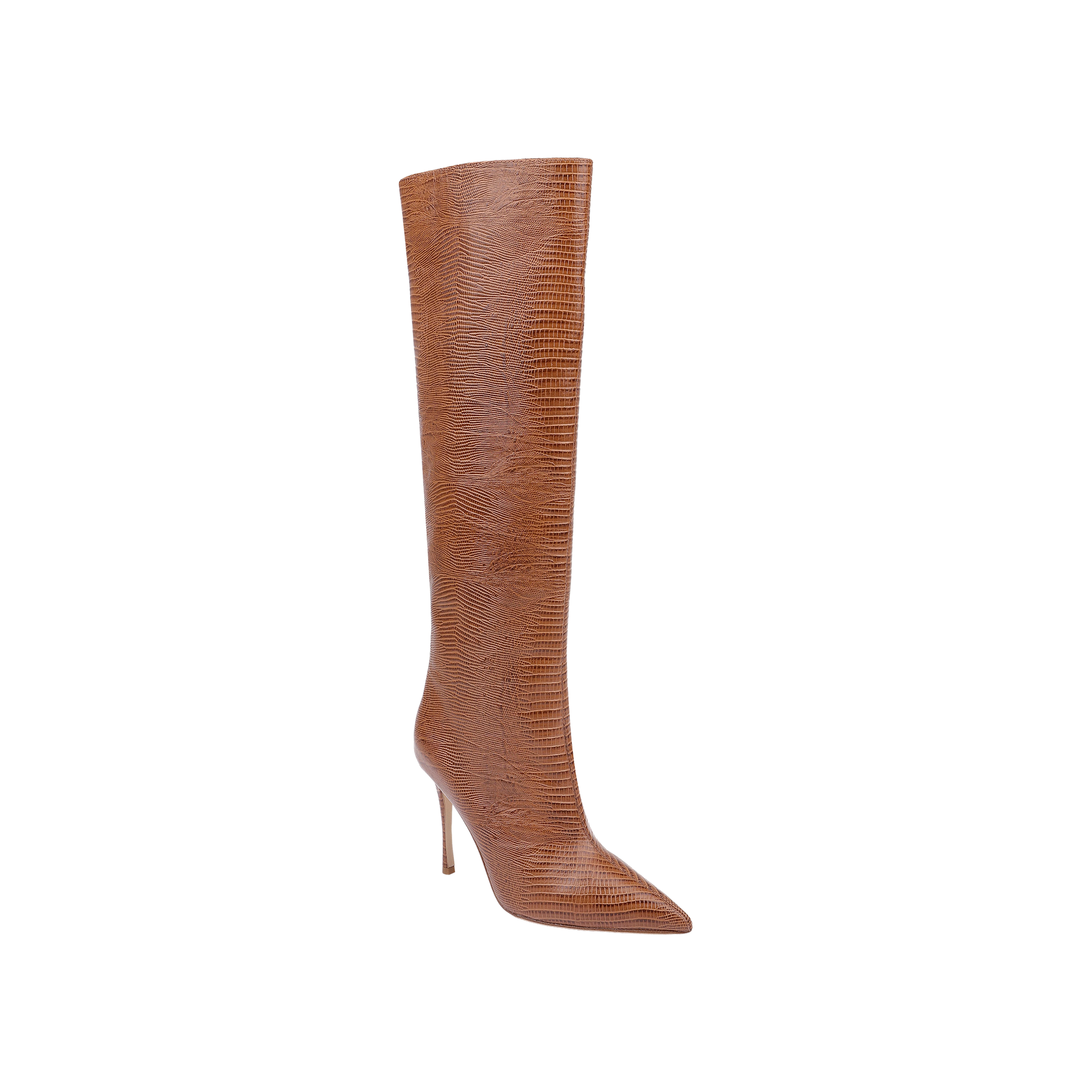 The Lafayette Boot features tan lizard-embossed leather, a pointed toe, and a high stiletto heel with a textured pattern, showcased against a white background.
