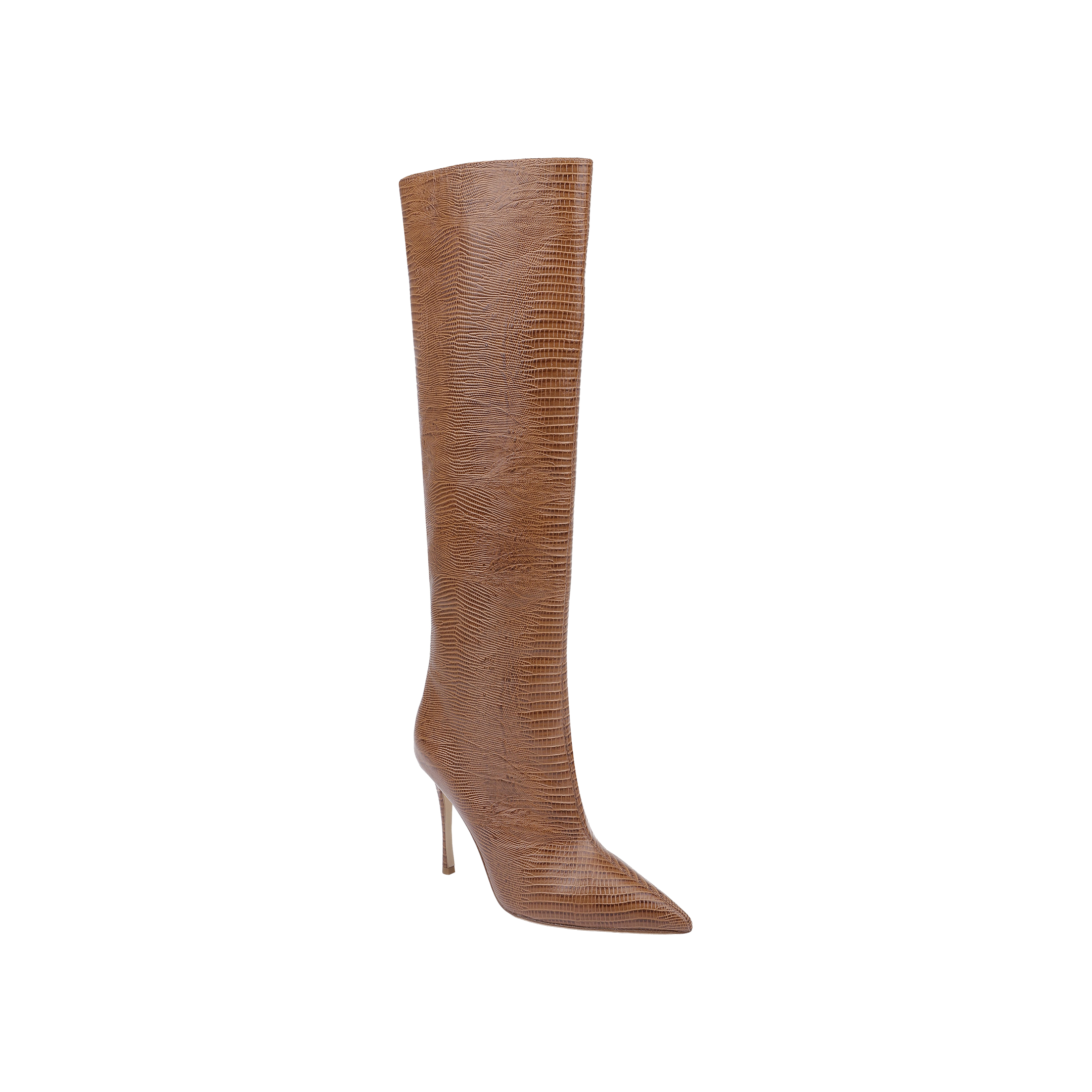 The Lafayette Boot features tan lizard-embossed leather, a pointed toe, and a high stiletto heel with a textured pattern, showcased against a white background.