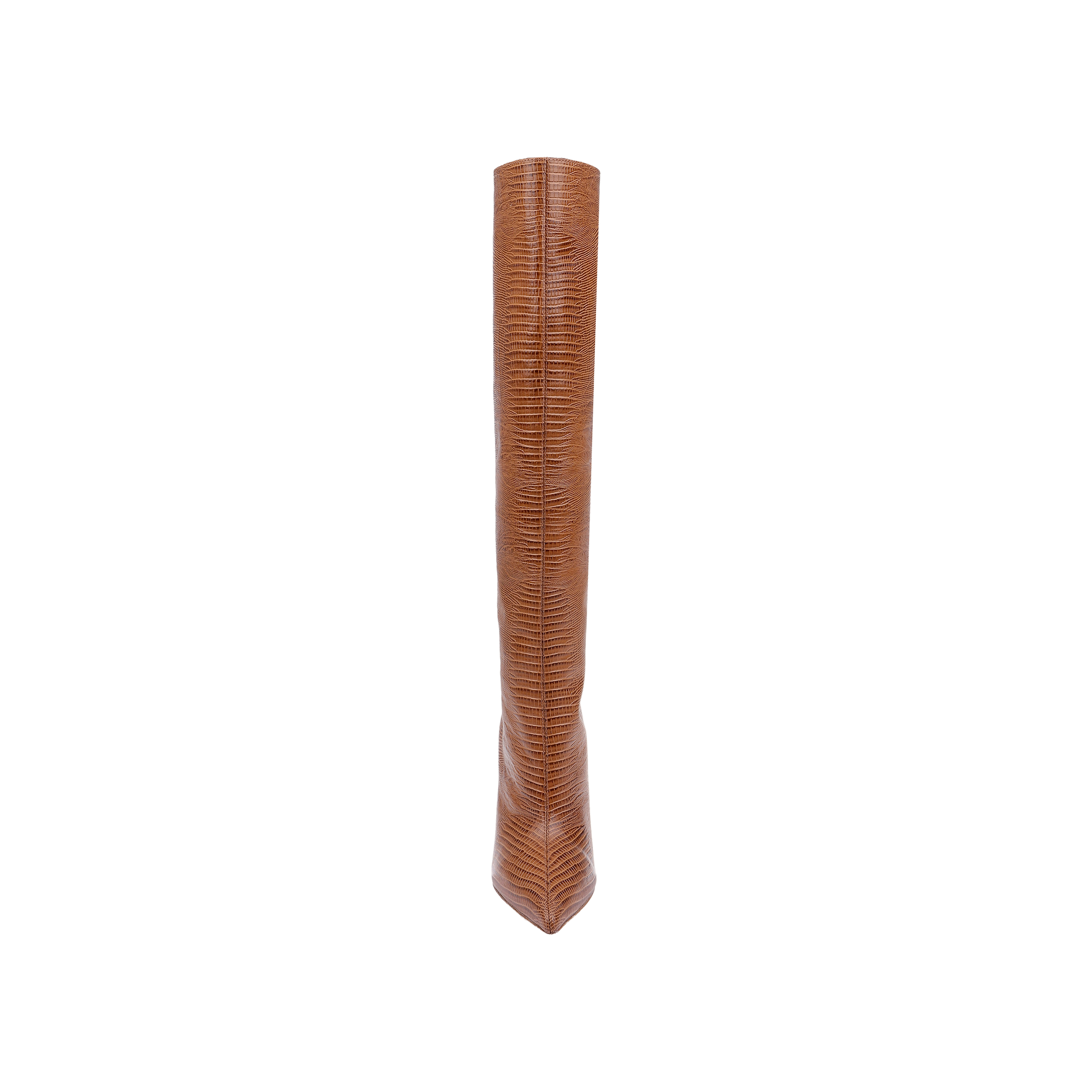 A single Lafayette Boot in tan lizard-embossed leather stands upright against a plain white background, viewed directly from the front.