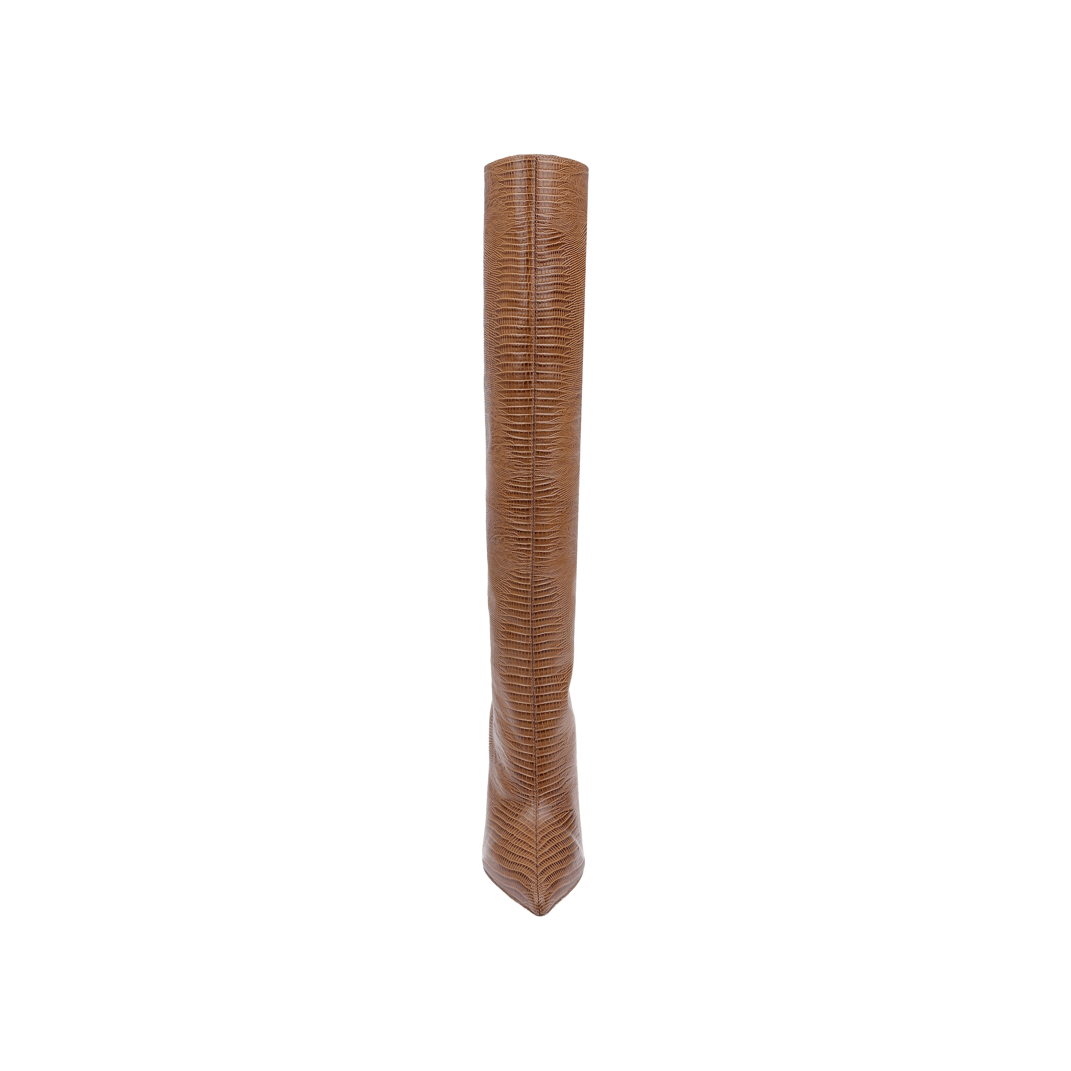 A single Lafayette Boot in tan lizard-embossed leather stands upright against a plain white background, viewed directly from the front.