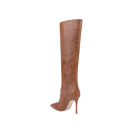 A single Lafayette Boot in brown tan lizard-embossed leather, featuring a pointed toe and high stiletto heel, is displayed on a plain white background.
