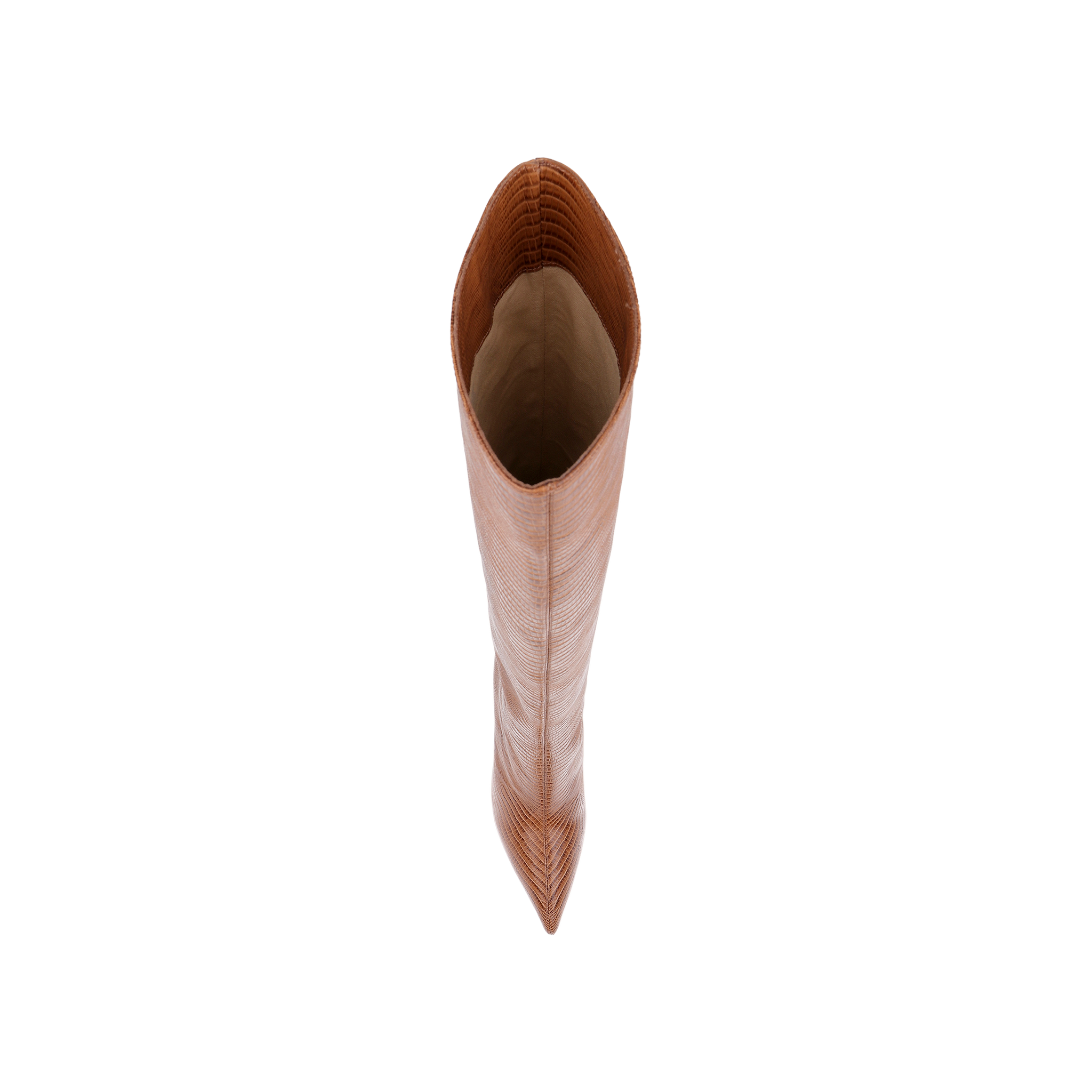 A top-down view of the Lafayette Boot, skillfully crafted from tan lizard-embossed leather with a pointed toe, displayed on a plain white background.