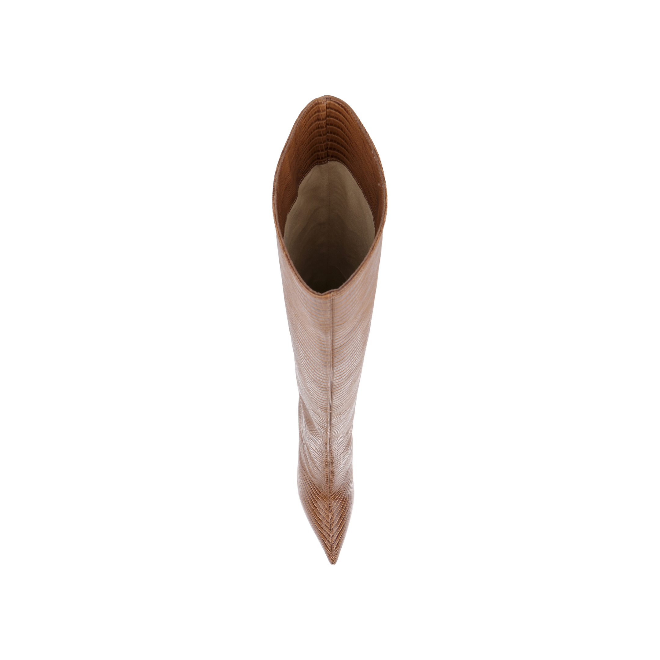 A top-down view of the Lafayette Boot, skillfully crafted from tan lizard-embossed leather with a pointed toe, displayed on a plain white background.