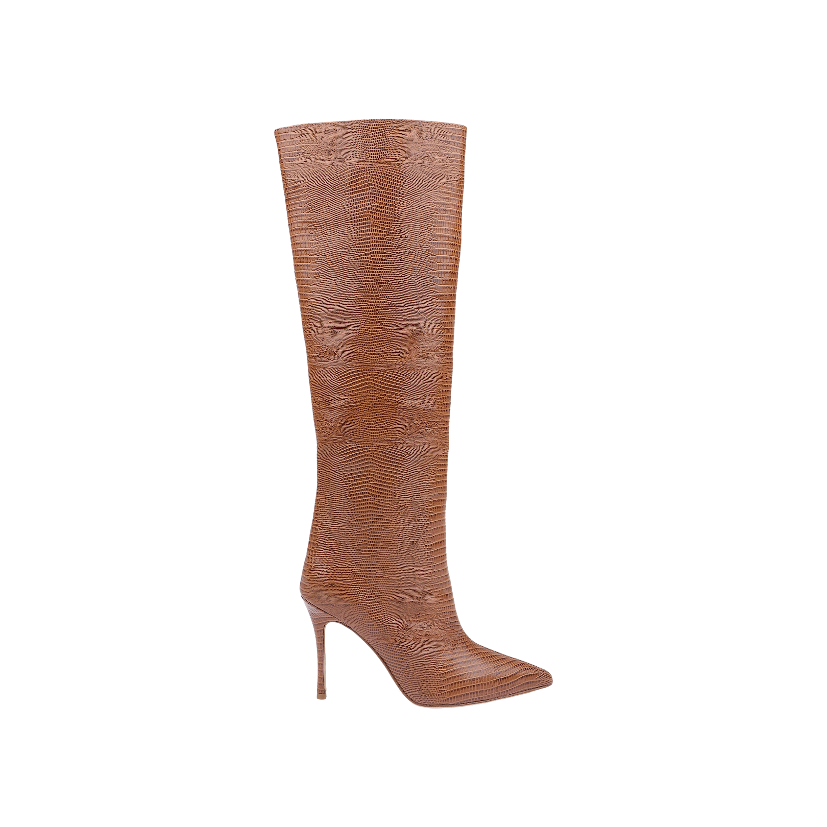 The Lafayette Boot in tan lizard-embossed leather showcases a brown, knee-high silhouette with a pointed toe and reptile-inspired textured pattern, elevated on a high stiletto heel and displayed against a plain white background.