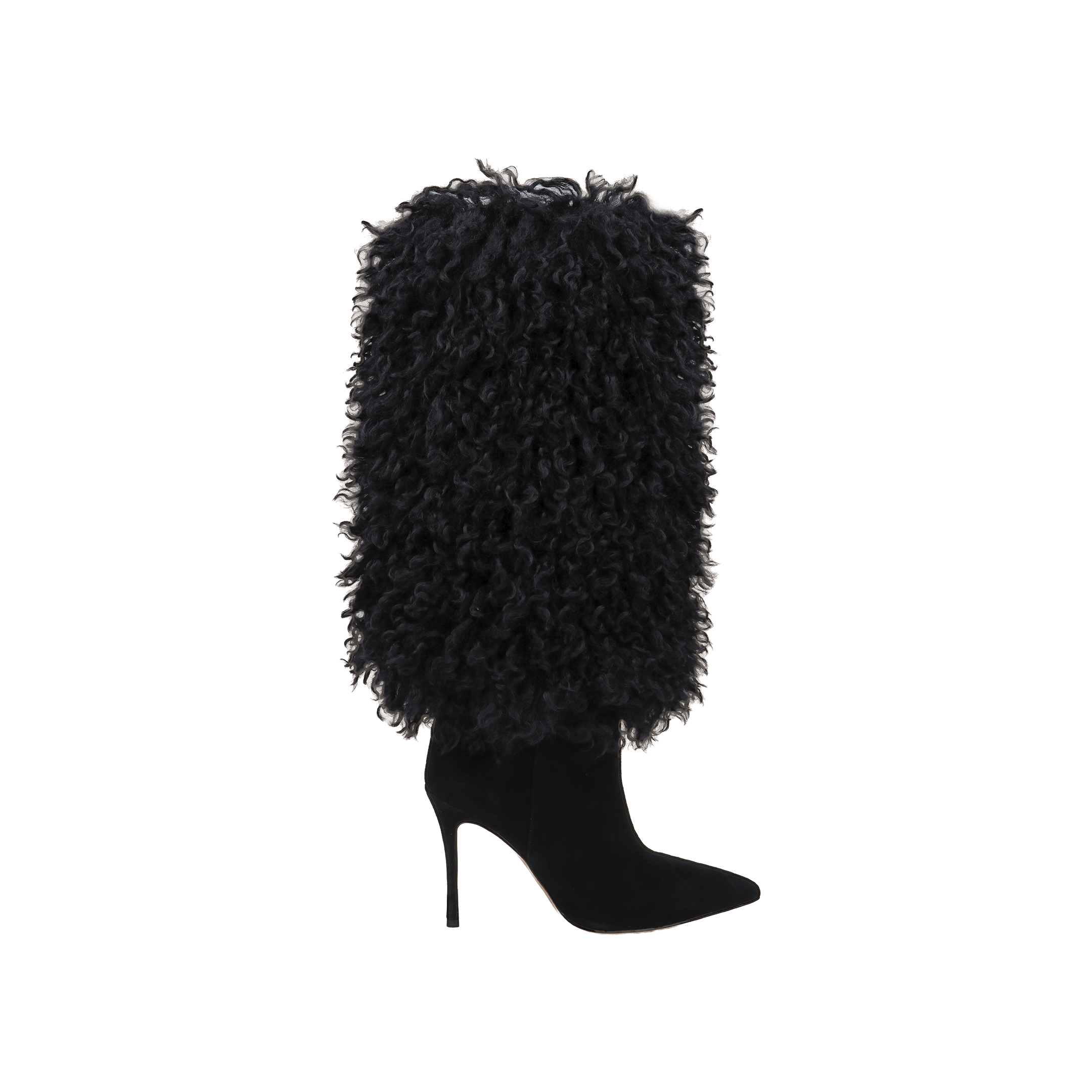 The Sheridan Boot is a striking black high-heeled boot with a pointed toe and a tall, textured shaggy upper that resembles curly fur or sheepskin, set against a plain white background. This elegant boot features black faux fur and is finished with a sleek stiletto heel for added sophistication.