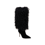 The Sheridan Boot is a single black stiletto heel boot featuring a pointed toe and a tall, textured, curly fur-like shaft, displayed against a plain white background.