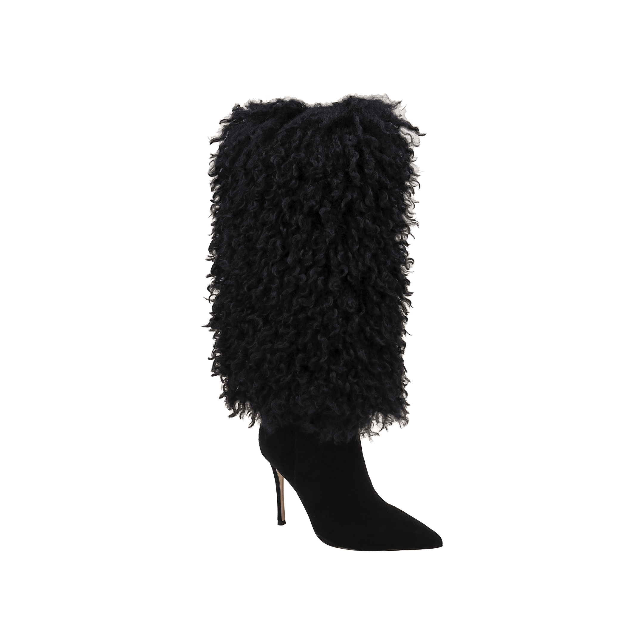 The Sheridan Boot is a single black stiletto heel boot featuring a pointed toe and a tall, textured, curly fur-like shaft, displayed against a plain white background.