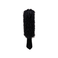 The Sheridan Boot is a single black knee-high style featuring a pointed toe and a textured, curly faux fur-like covering over the entire shaft, displayed against a plain white background.