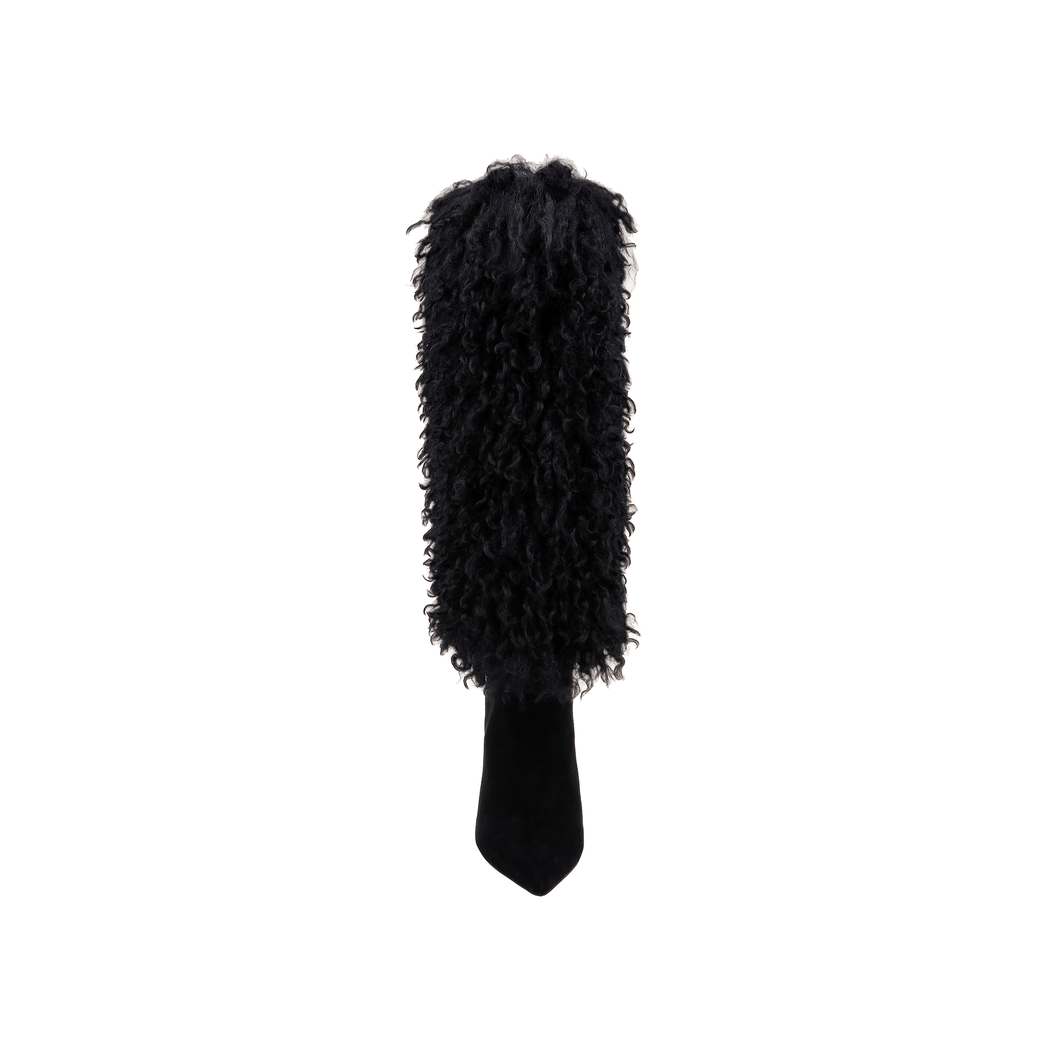 The Sheridan Boot is a single black knee-high style featuring a pointed toe and a textured, curly faux fur-like covering over the entire shaft, displayed against a plain white background.