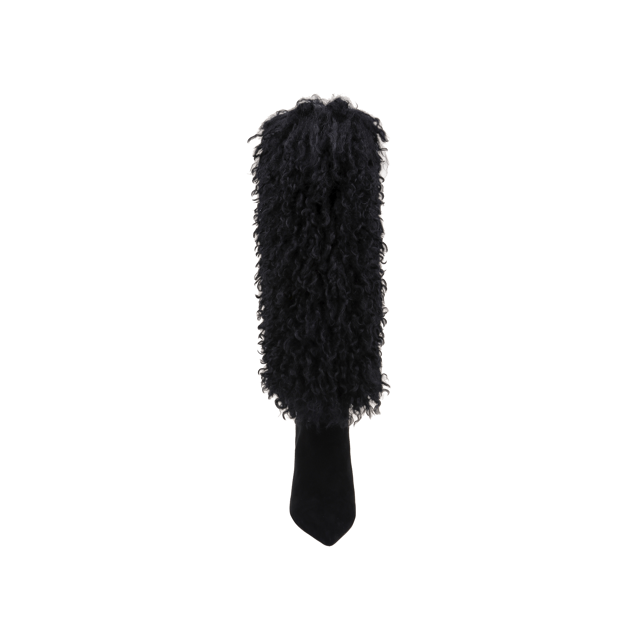 The Sheridan Boot is a single black knee-high style featuring a pointed toe and a textured, curly faux fur-like covering over the entire shaft, displayed against a plain white background.