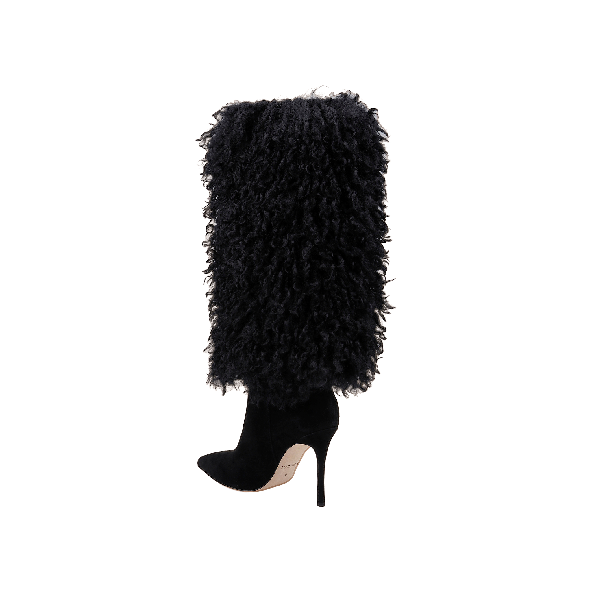 The Sheridan Boot features a pointed toe, stiletto heel, and shaggy black faux fur covering the shaft, offering bold style and luxe texture.