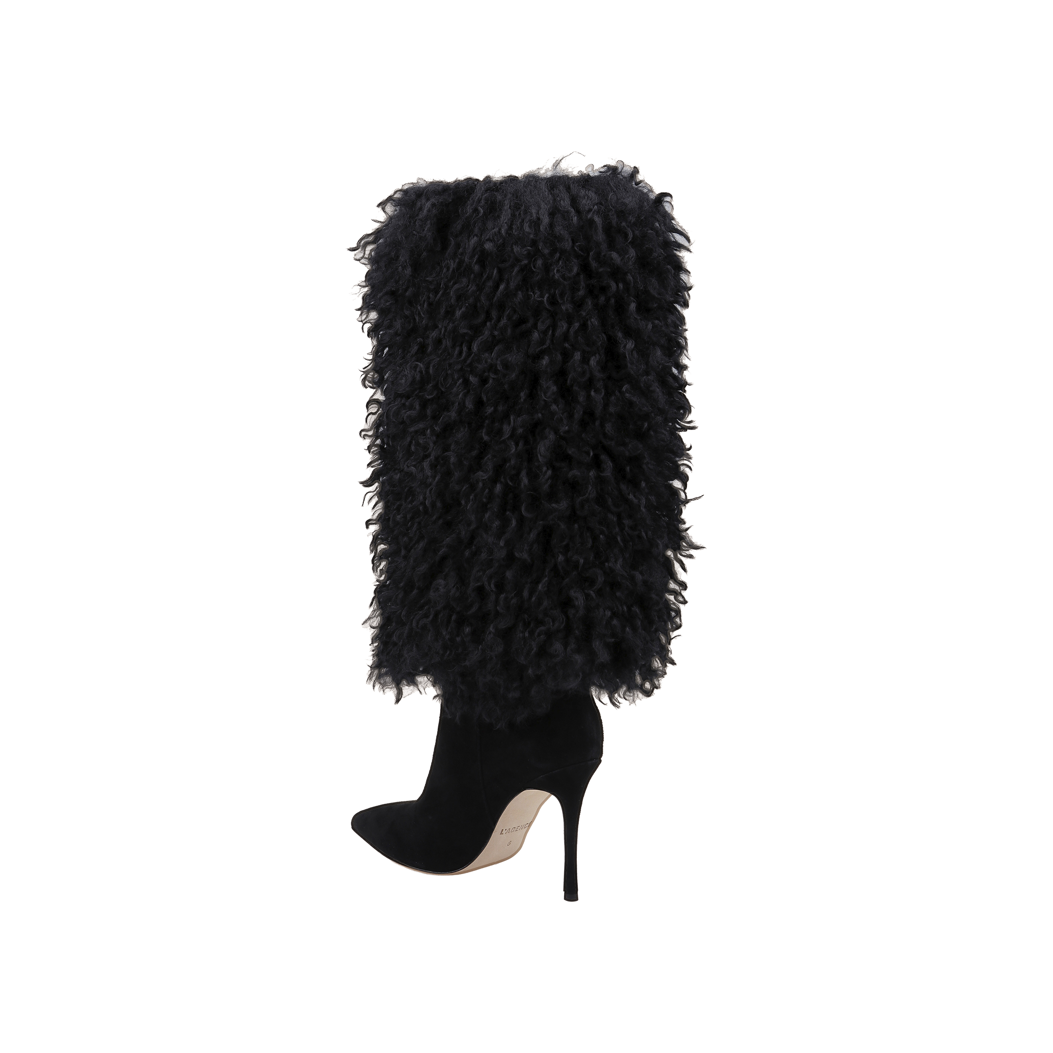 The Sheridan Boot features a pointed toe, stiletto heel, and shaggy black faux fur covering the shaft, offering bold style and luxe texture.