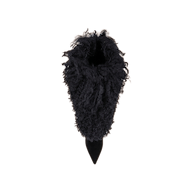 A single Sheridan Boot in black faux fur with a pointed toe is photographed from above on a plain white background.