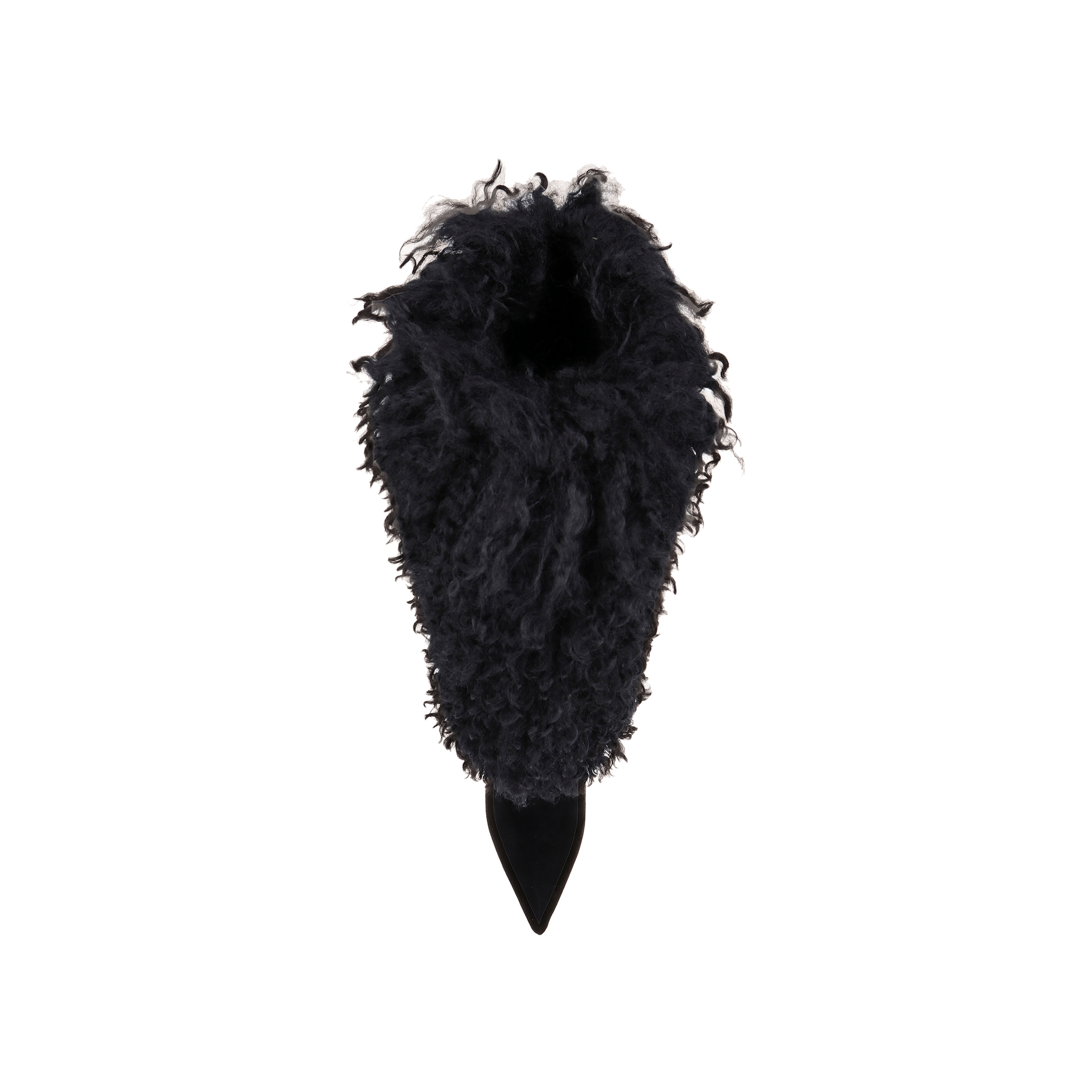 A single Sheridan Boot in black faux fur with a pointed toe is photographed from above on a plain white background.