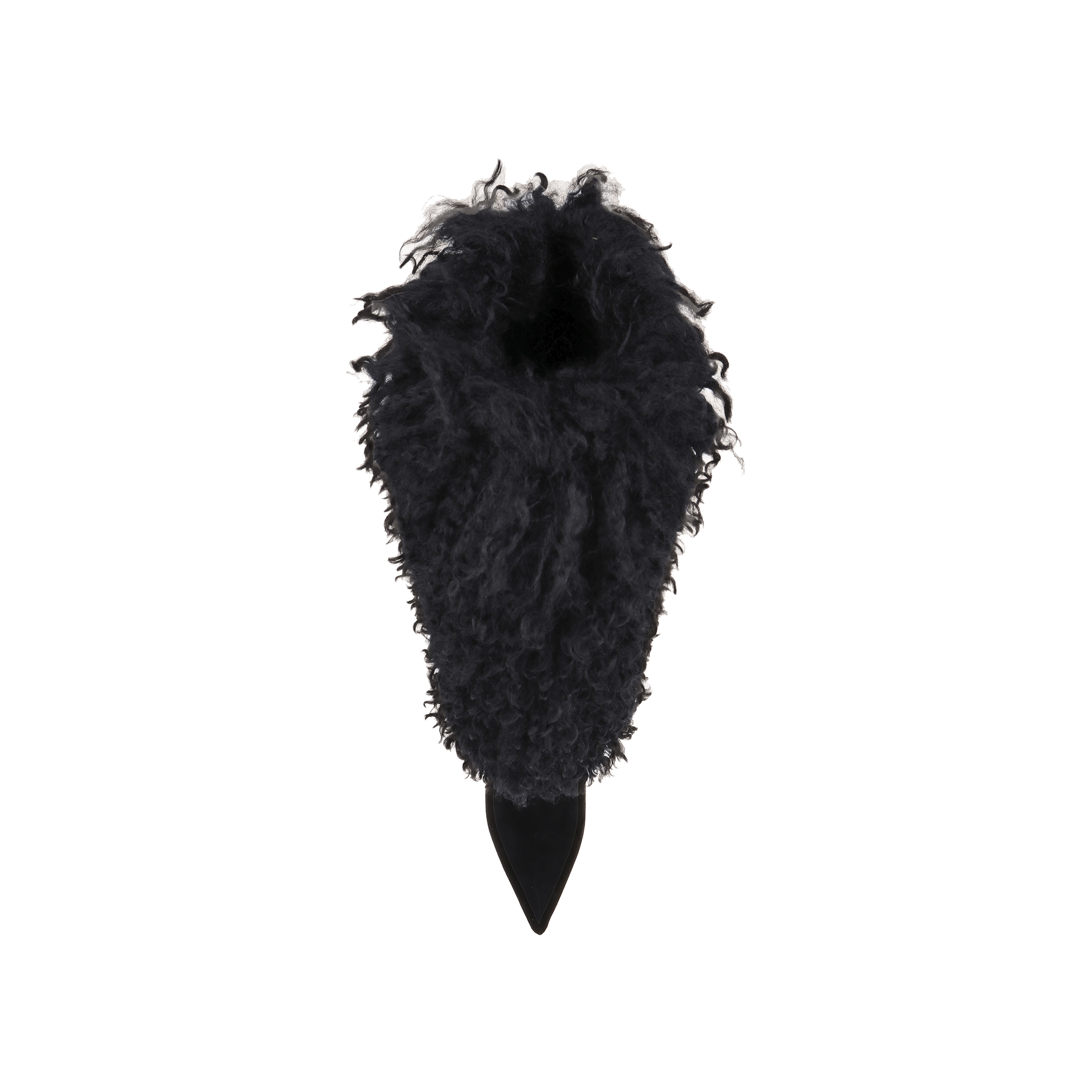 A single Sheridan Boot in black faux fur with a pointed toe is photographed from above on a plain white background.
