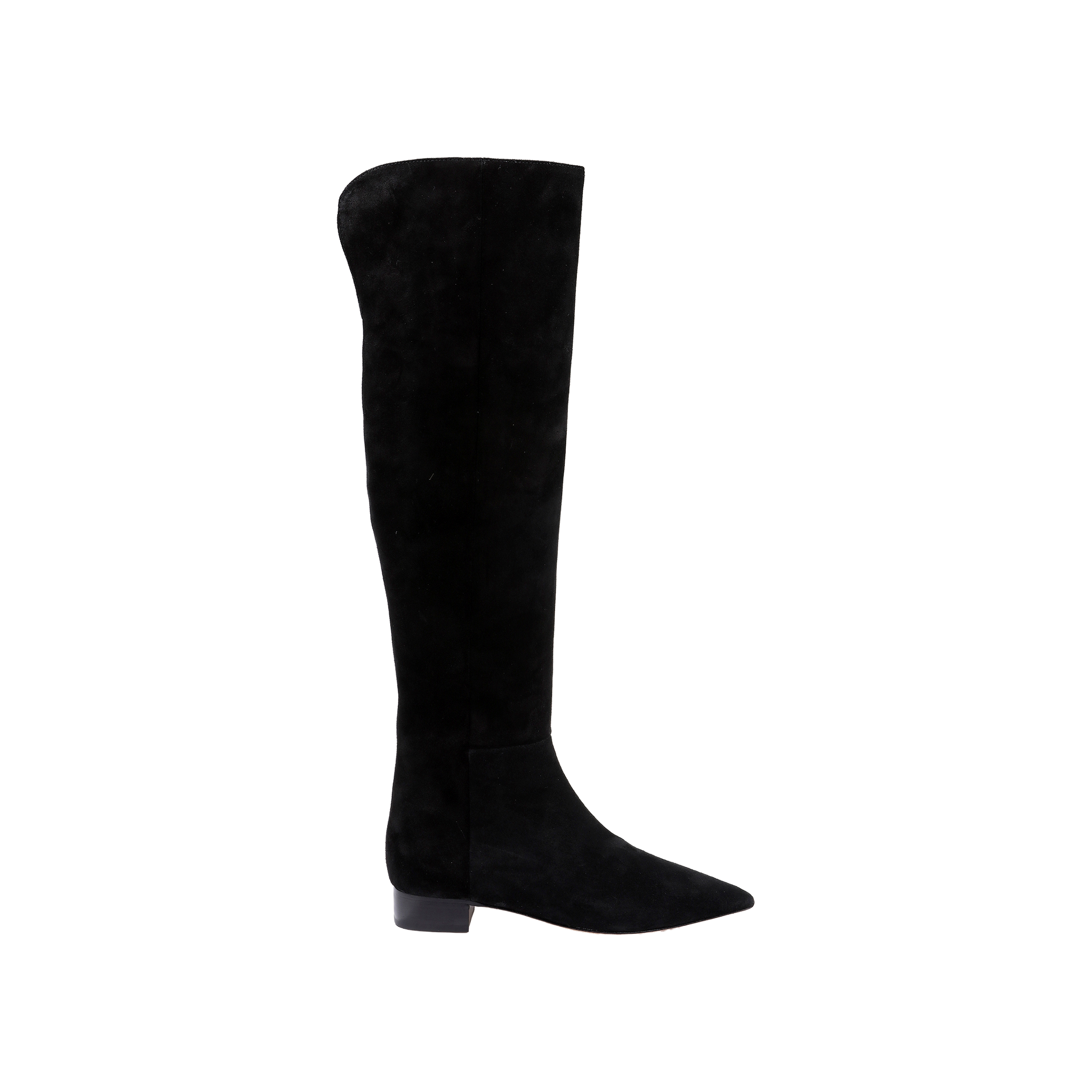 Experience the Grand Boot—a single black suede over-the-knee style with a pointed toe and low block heel, showcased from the side against a plain white background.