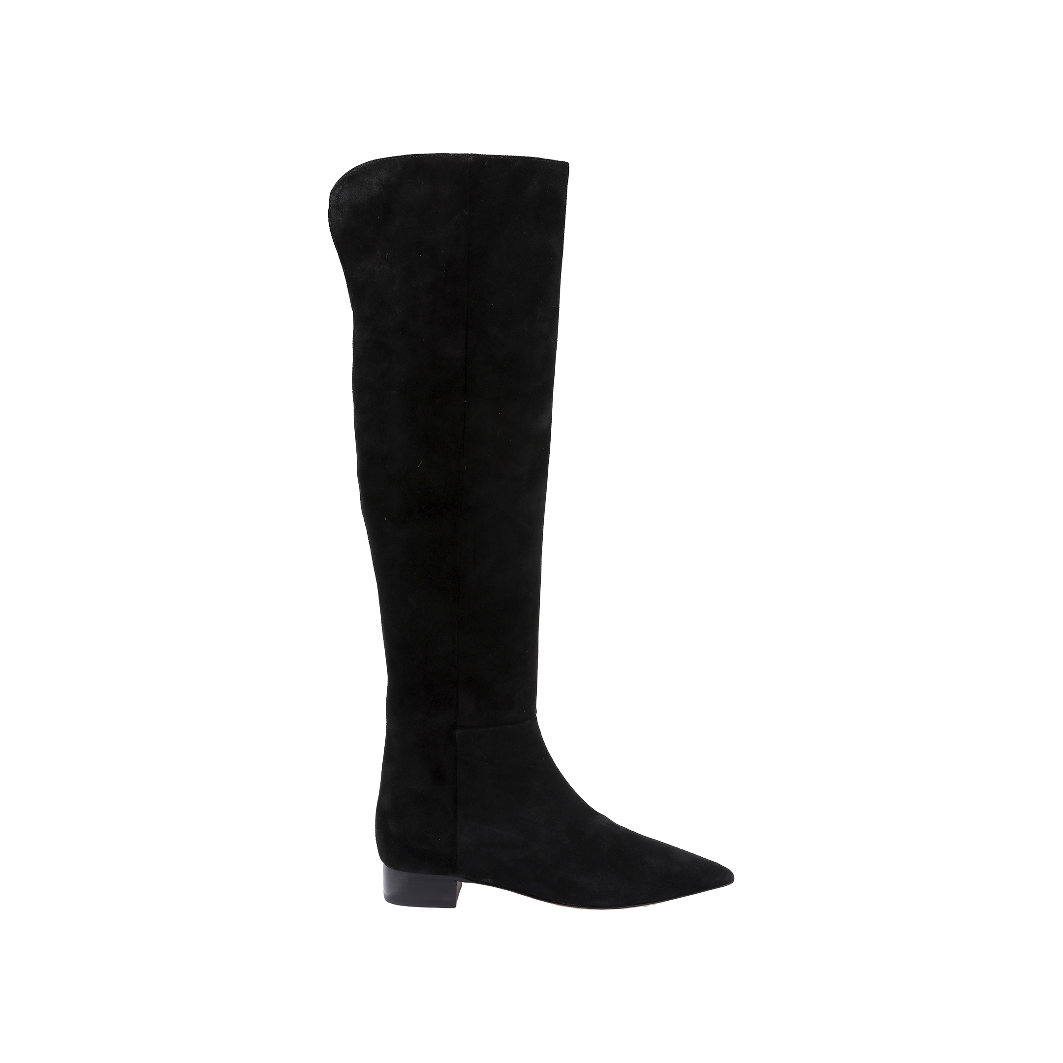 Experience the Grand Boot—a single black suede over-the-knee style with a pointed toe and low block heel, showcased from the side against a plain white background.