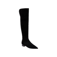 The Grand Boot is a single black suede over-the-knee boot featuring a pointed toe and low block heel, displayed on a plain white background. This stylish design exemplifies elegant black suede boots, making the Grand Boot perfect for those seeking fashionable low heel boots.