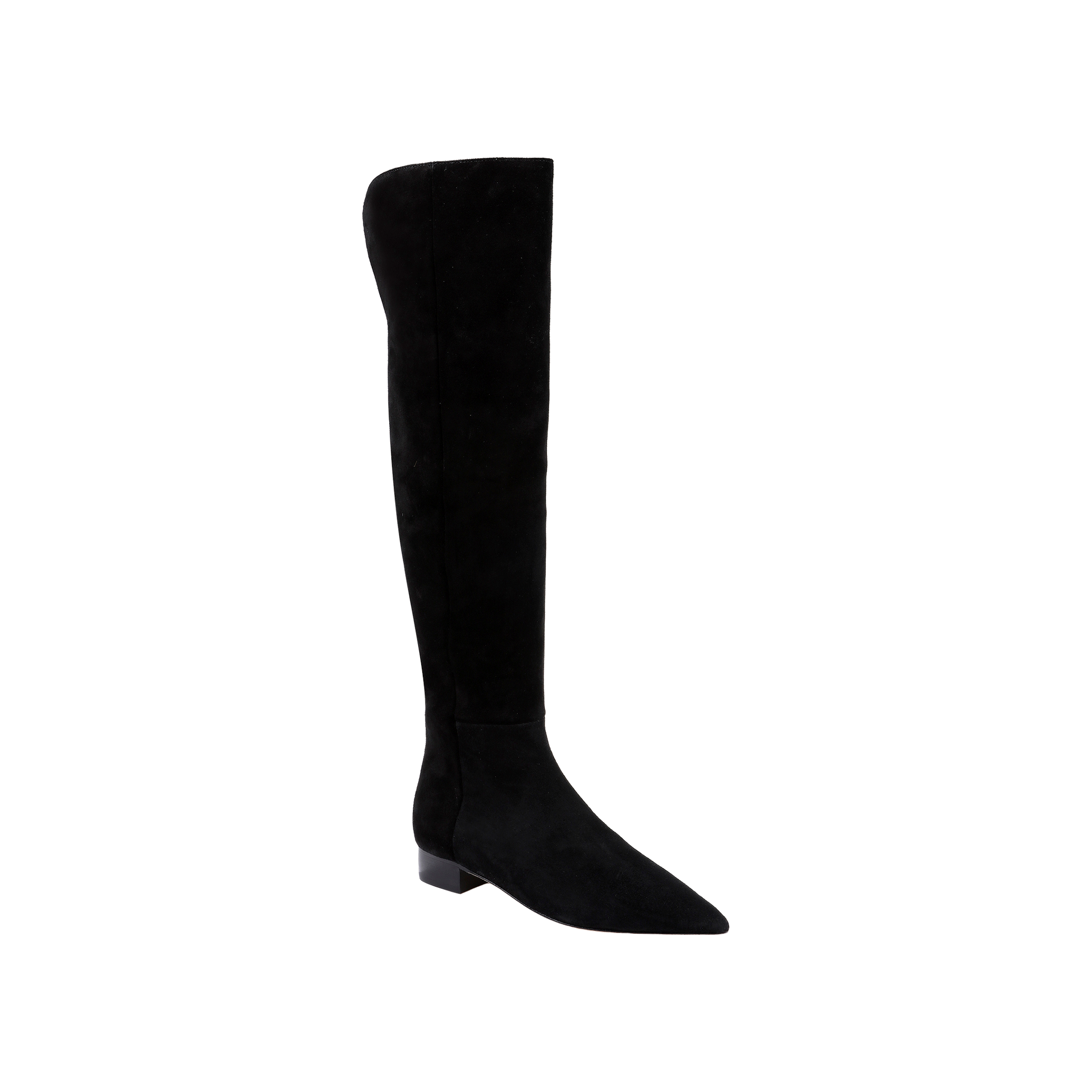 The Grand Boot is a single black suede over-the-knee boot featuring a pointed toe and low block heel, displayed on a plain white background. This stylish design exemplifies elegant black suede boots, making the Grand Boot perfect for those seeking fashionable low heel boots.
