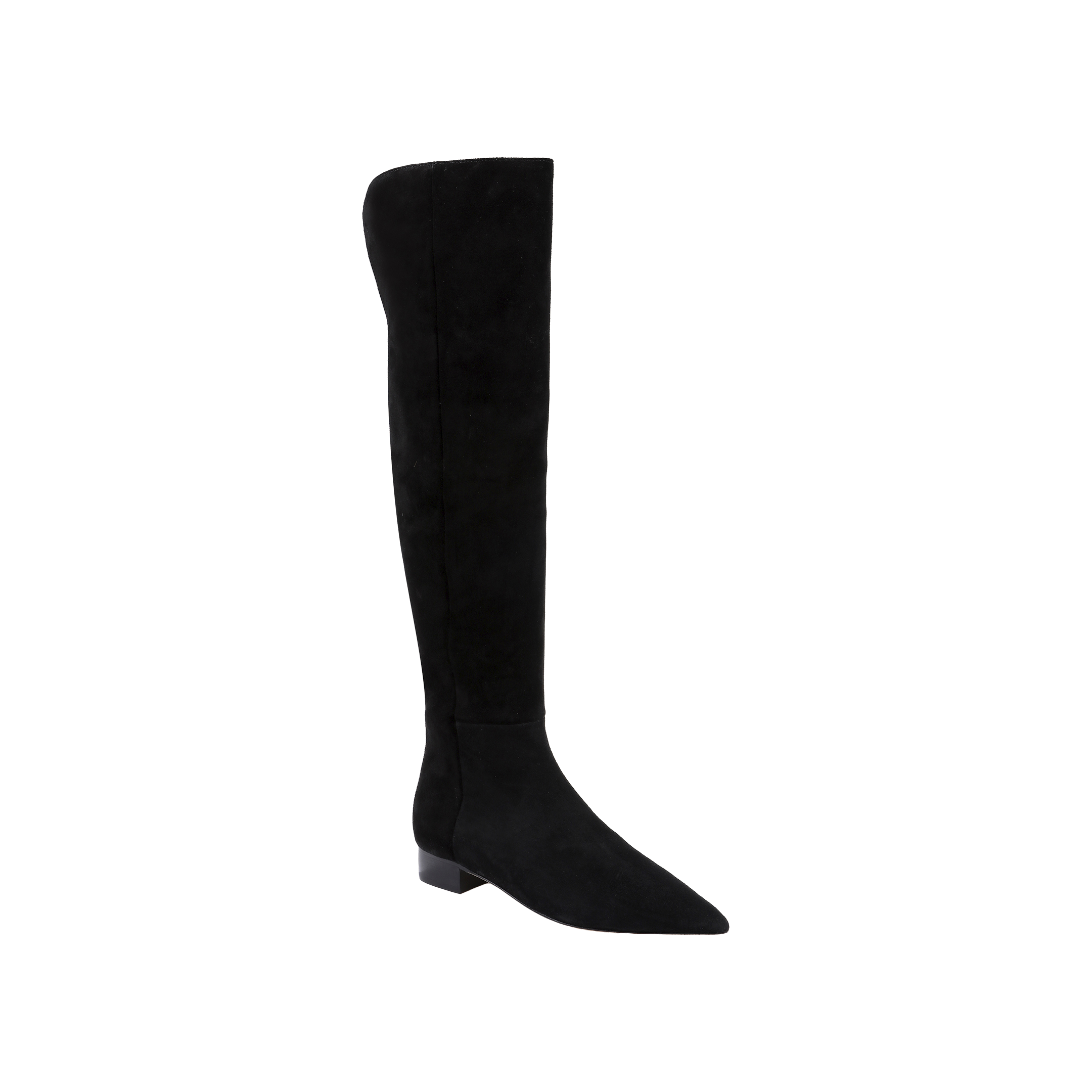 The Grand Boot is a single black suede over-the-knee boot featuring a pointed toe and low block heel, displayed on a plain white background. This stylish design exemplifies elegant black suede boots, making the Grand Boot perfect for those seeking fashionable low heel boots.
