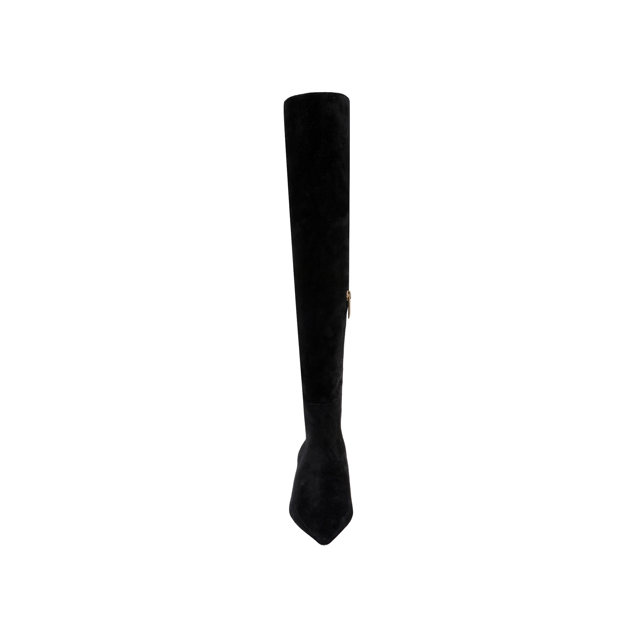 A single Grand Boot in black, featuring an over-the-knee design and a pointed toe, is photographed from the front against a plain white background.