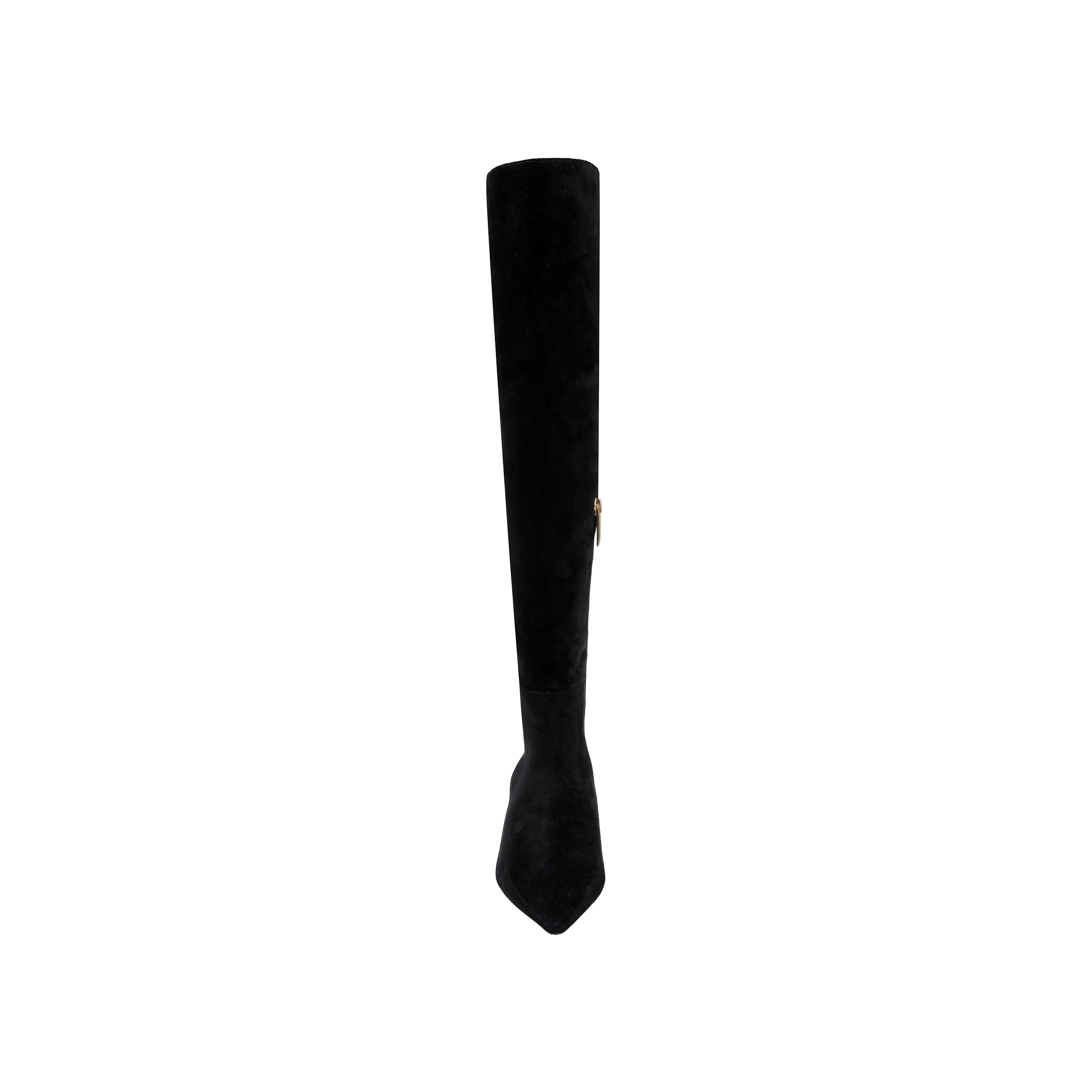 A single Grand Boot in black, featuring an over-the-knee design and a pointed toe, is photographed from the front against a plain white background.