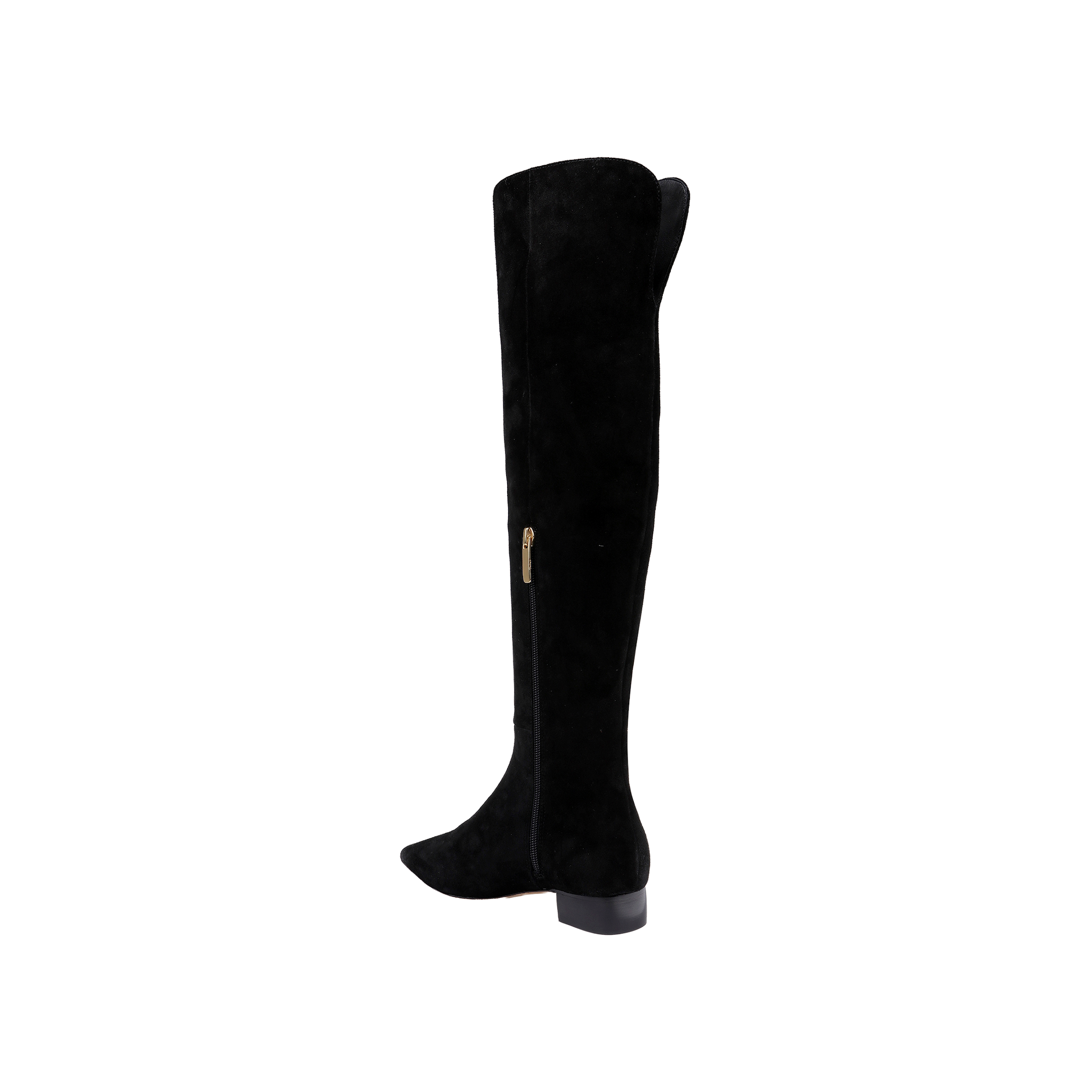 The Grand Boot is a chic black suede over-the-knee boot featuring a low block heel and convenient side zipper, shown in profile against a plain white background. This elegant style is ideal for anyone searching for comfortable, stylish boots with the sophistication of premium black suede.