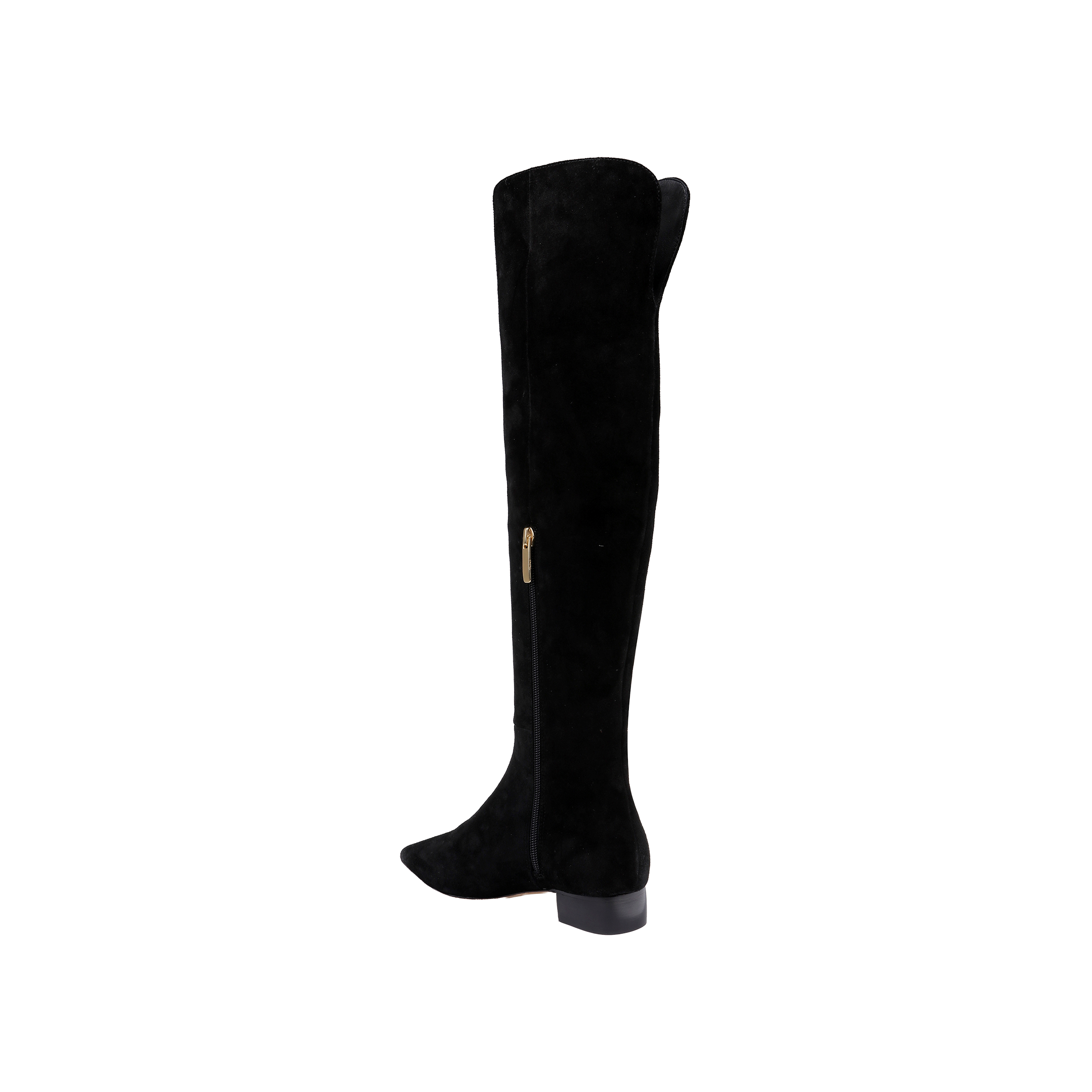 The Grand Boot is a chic black suede over-the-knee boot featuring a low block heel and convenient side zipper, shown in profile against a plain white background. This elegant style is ideal for anyone searching for comfortable, stylish boots with the sophistication of premium black suede.