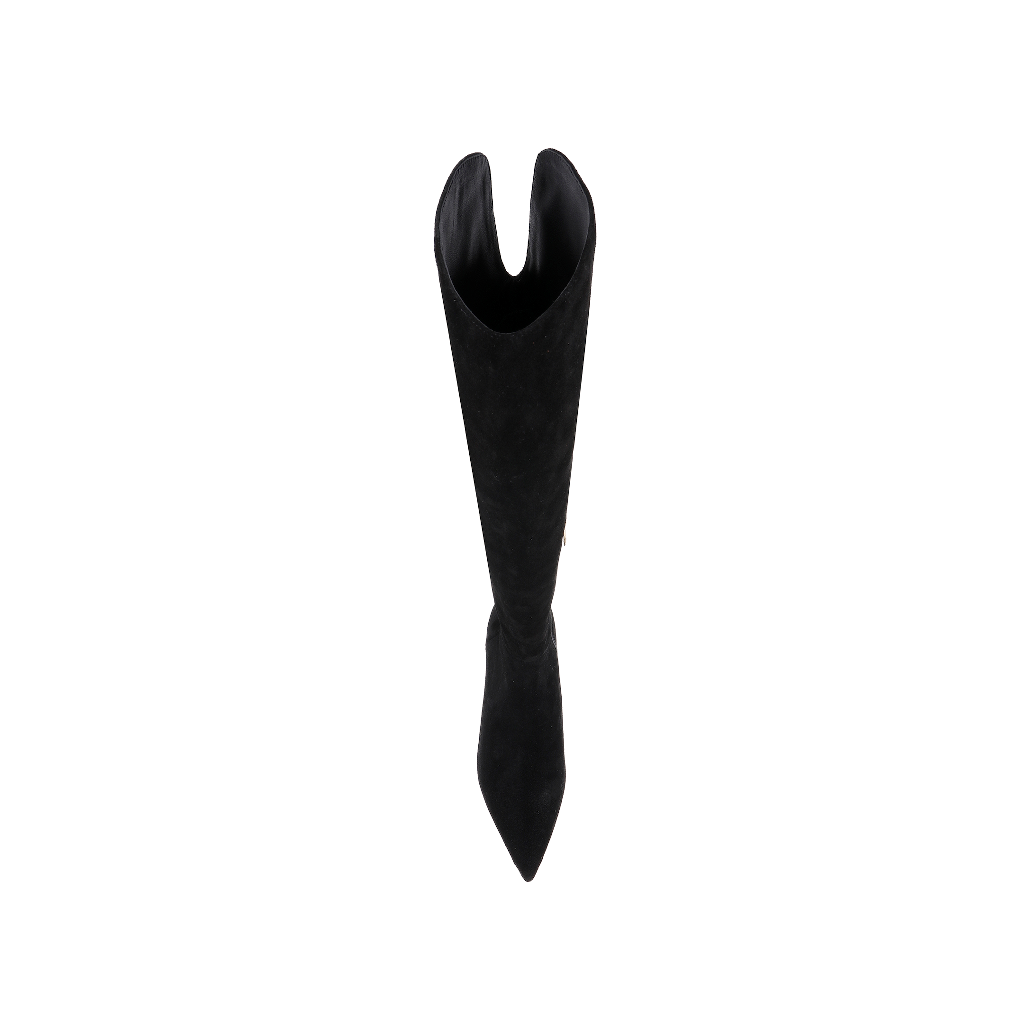 Grand Boot in black suede, featuring an over-the-knee silhouette and a pointed toe, shown from above against a plain white background.