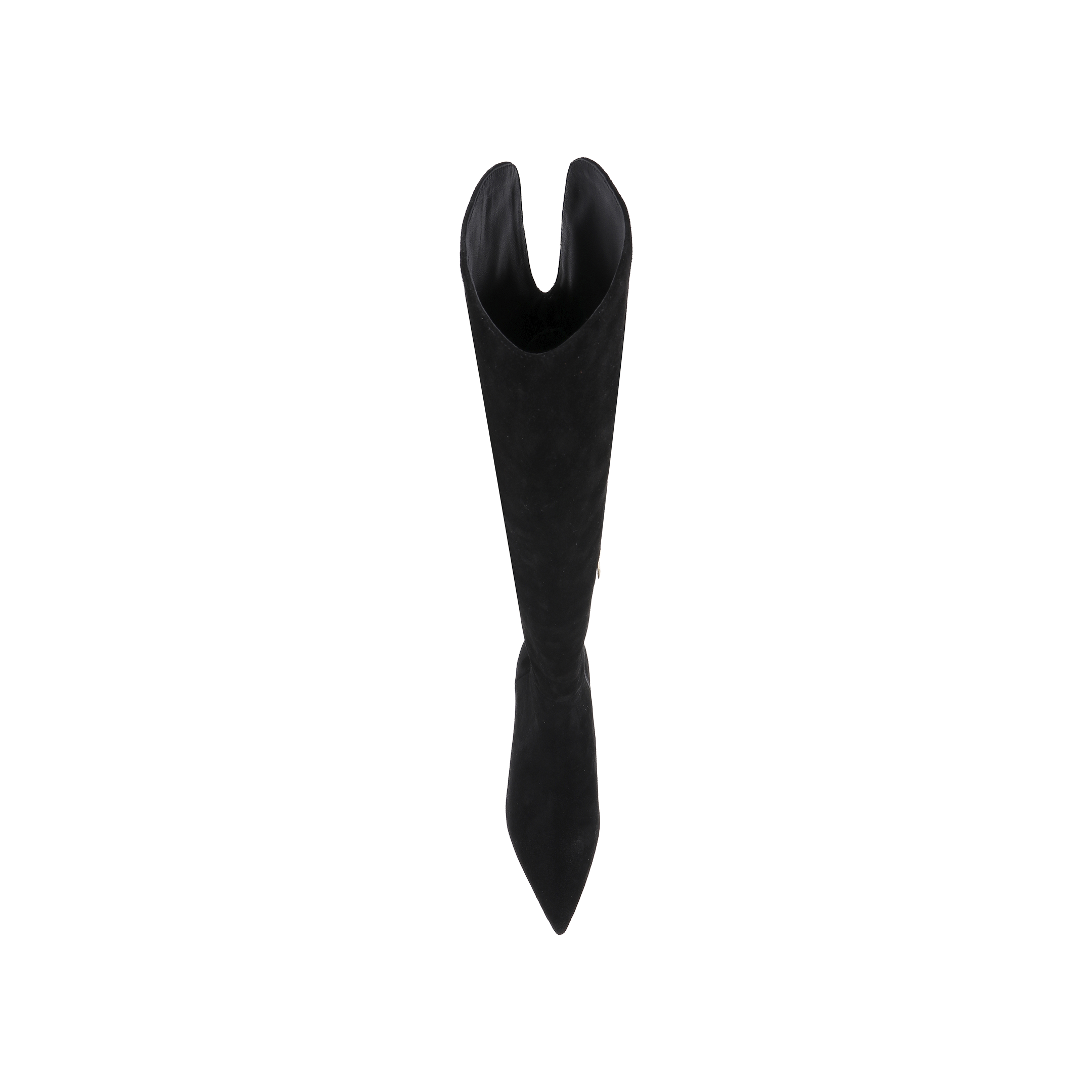 Grand Boot in black suede, featuring an over-the-knee silhouette and a pointed toe, shown from above against a plain white background.