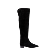 Grand Boot in black suede: an over-the-knee style featuring a pointed toe, low block heel, and sleek minimalist design—ideal for those seeking stylish low-heel boots. Shown on a plain white background.